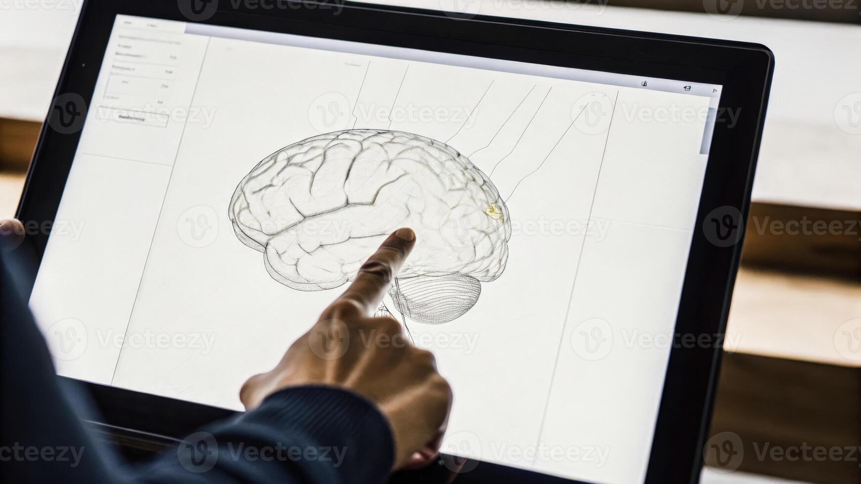 A closeup view of a digital display featuring a 3D model of the human brain as a seminar facilitator points out key areas linked to cognitive enhancements.. photo