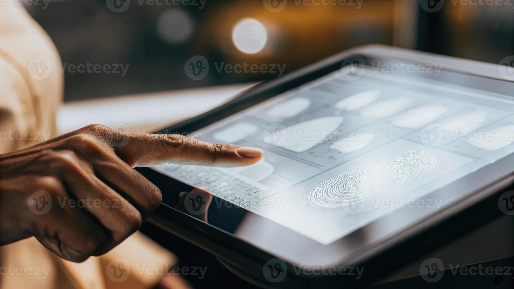 A focus on a touchscreen interface used to access a holographic dashboard with biometric features scanning a users hand for personalized data insights.. photo