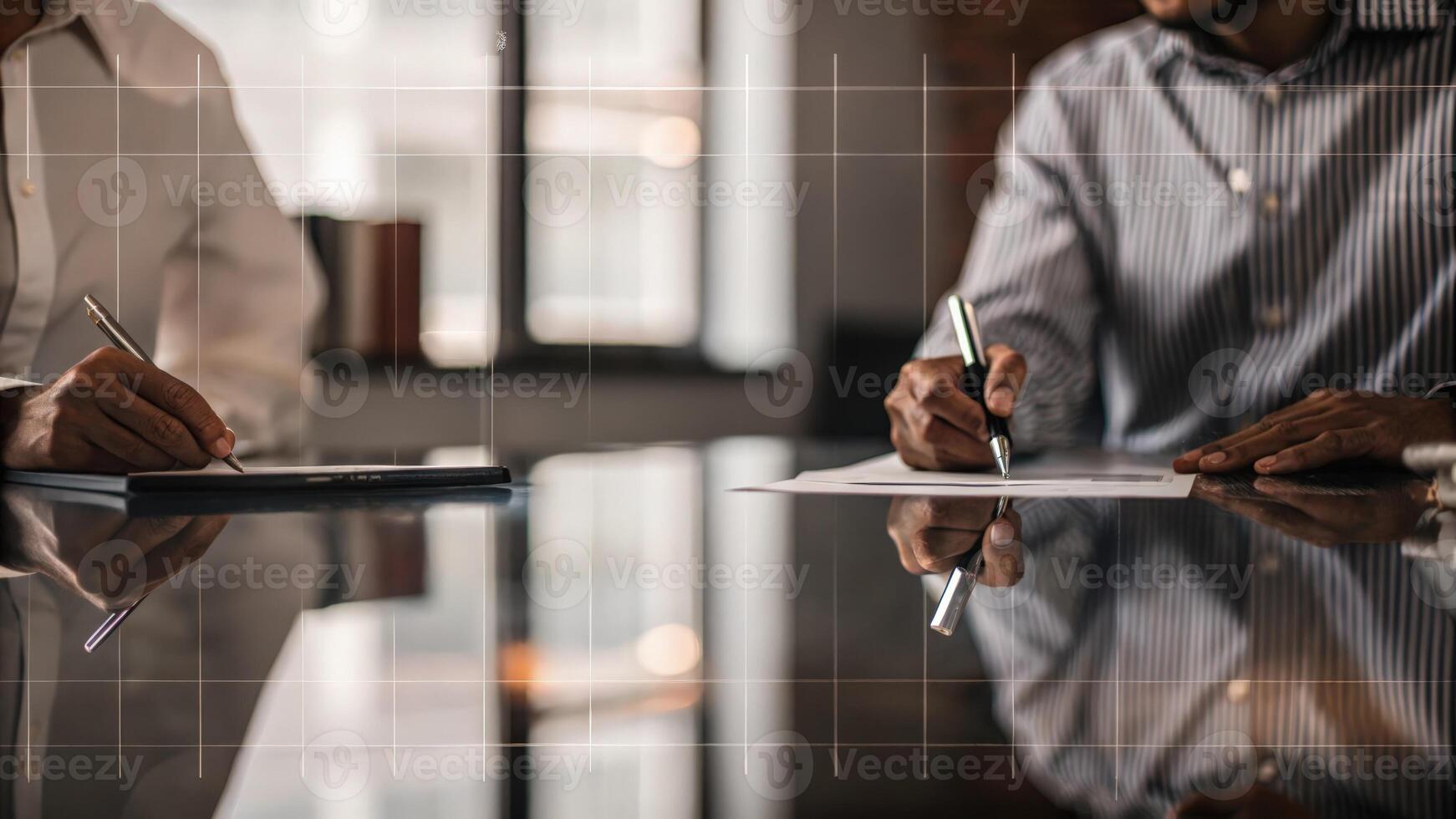 A transparent overlay of a project timeline appears over a sleek conference table capturing the attention of two individuals who jot down notes their silhouettes reflected on the. photo