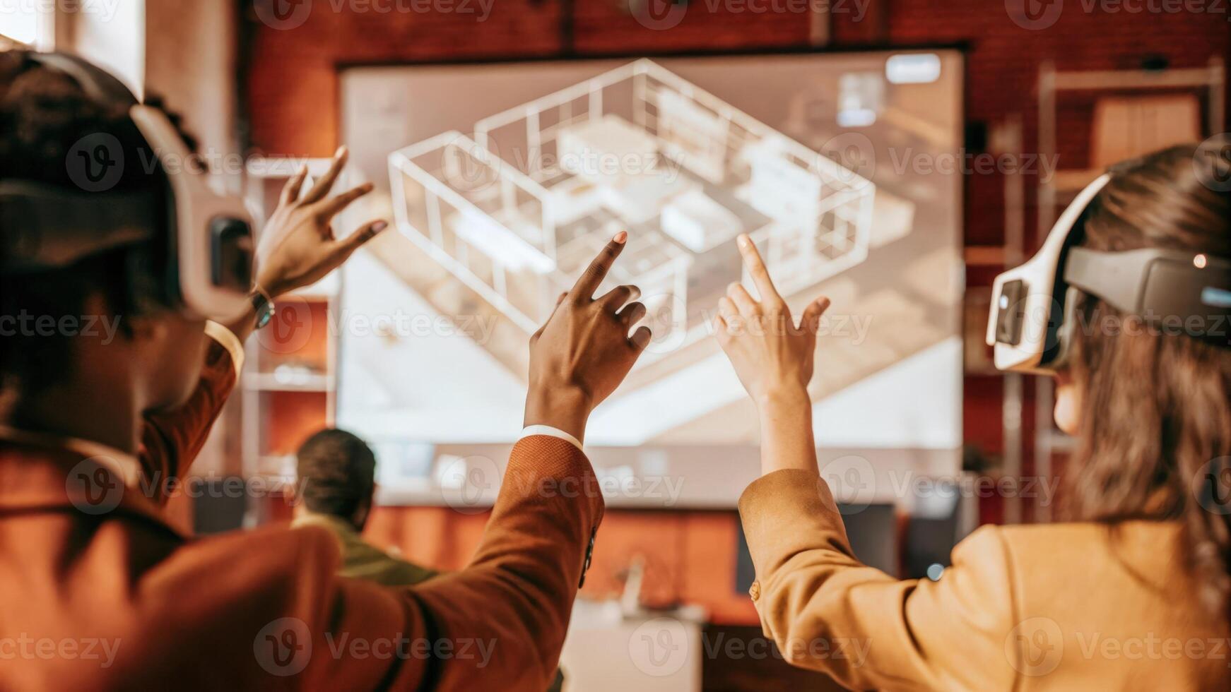 A virtual training session in progress with participants interacting with a simulated holograph of a complex system illustrating handson learning through immersive technology.. photo