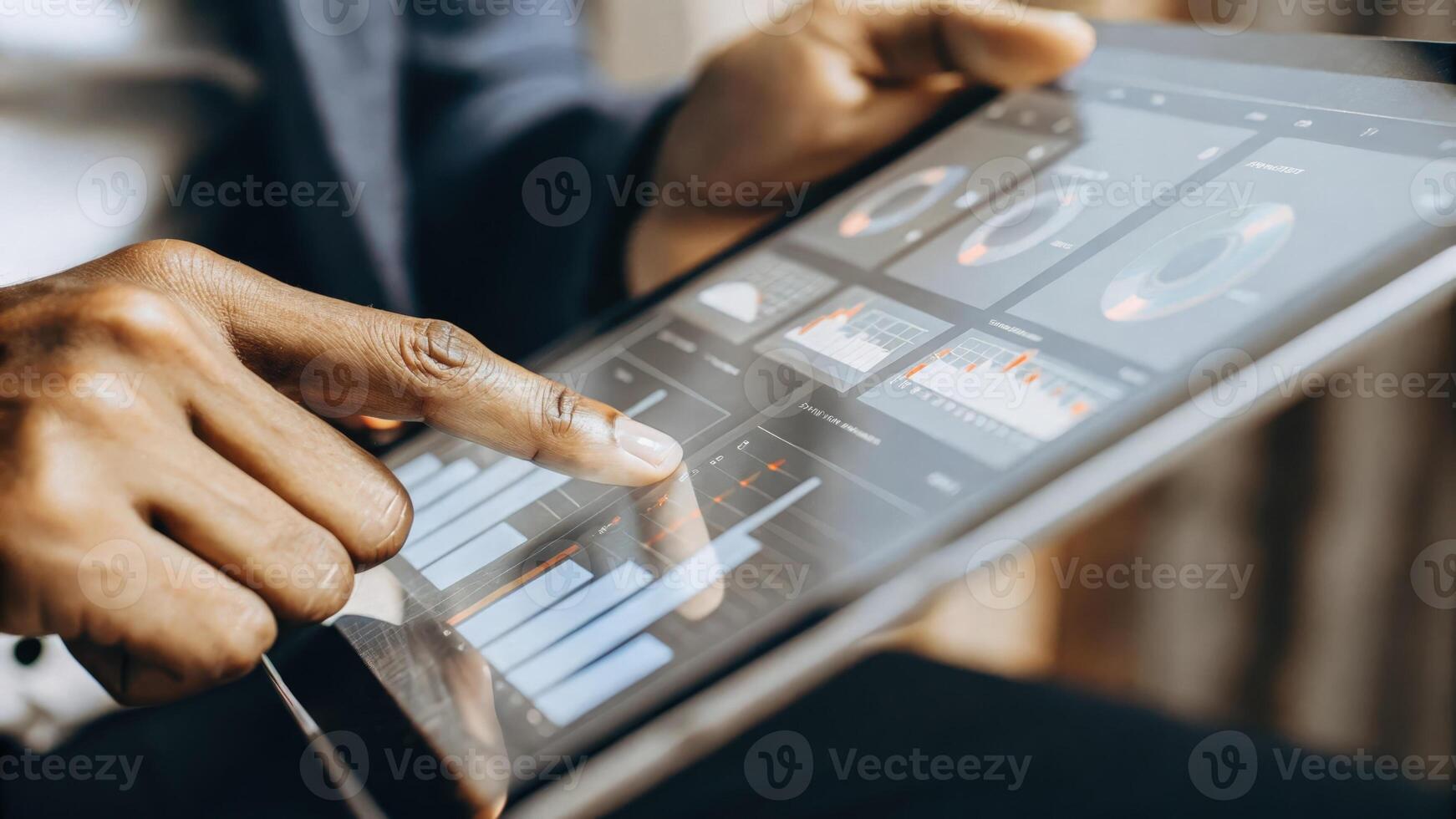 A closeup on a holographic interface displaying userfriendly metrics and analytics with fingers skillfully navigating through various investment options creating an engaging visual. photo