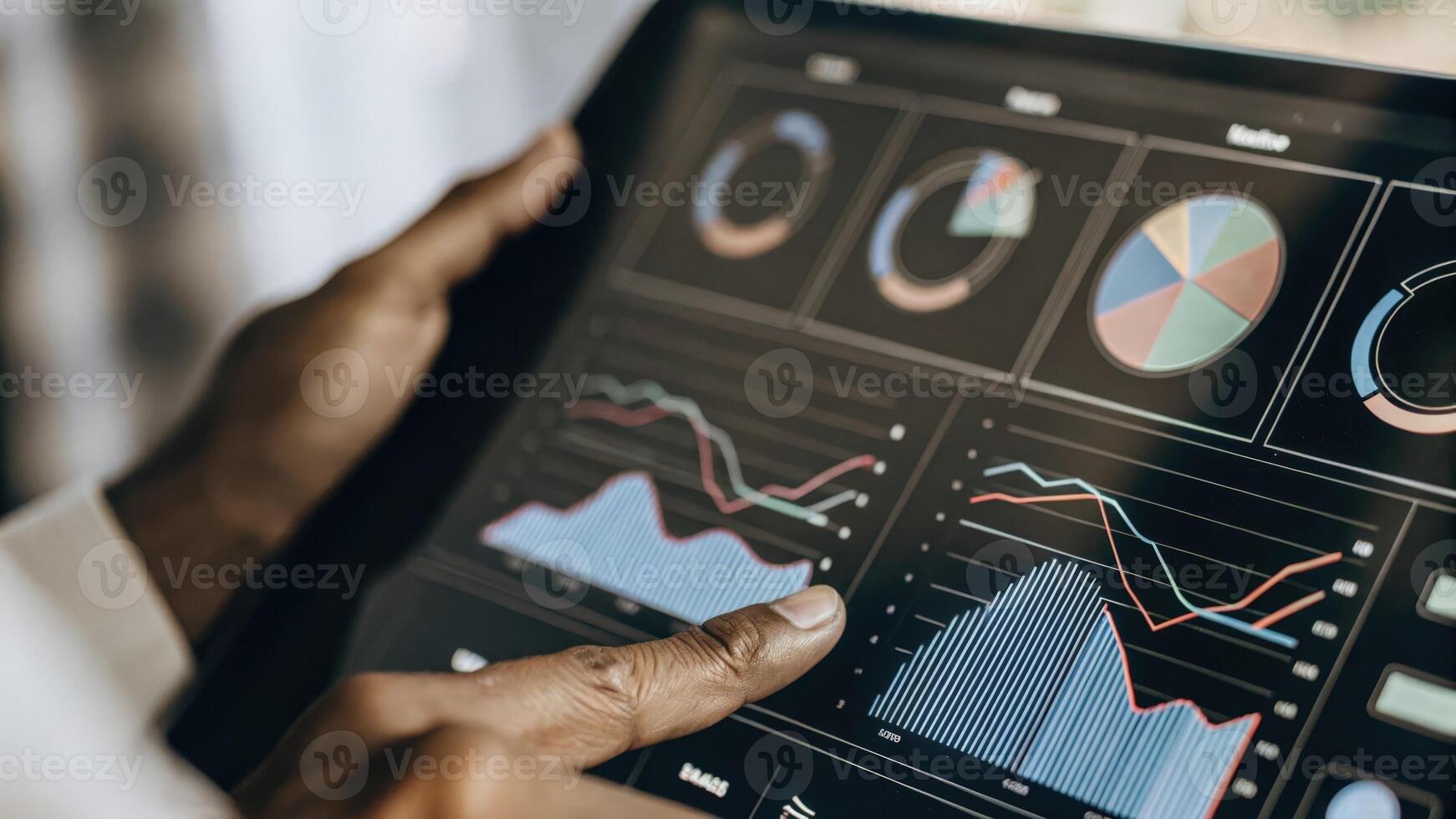 A detailed shot of a holographic interface showcasing a realtime data analytics dashboard complete with colorful pie charts and line graphs while a user taps on the screen with. photo
