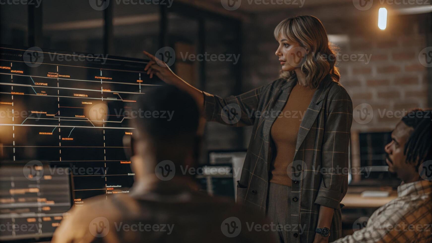 A supply chain analyst reviews a holographic timeline of product delivery schedules her hand hovering over crucial milestones as she discusses improvements with team members. photo