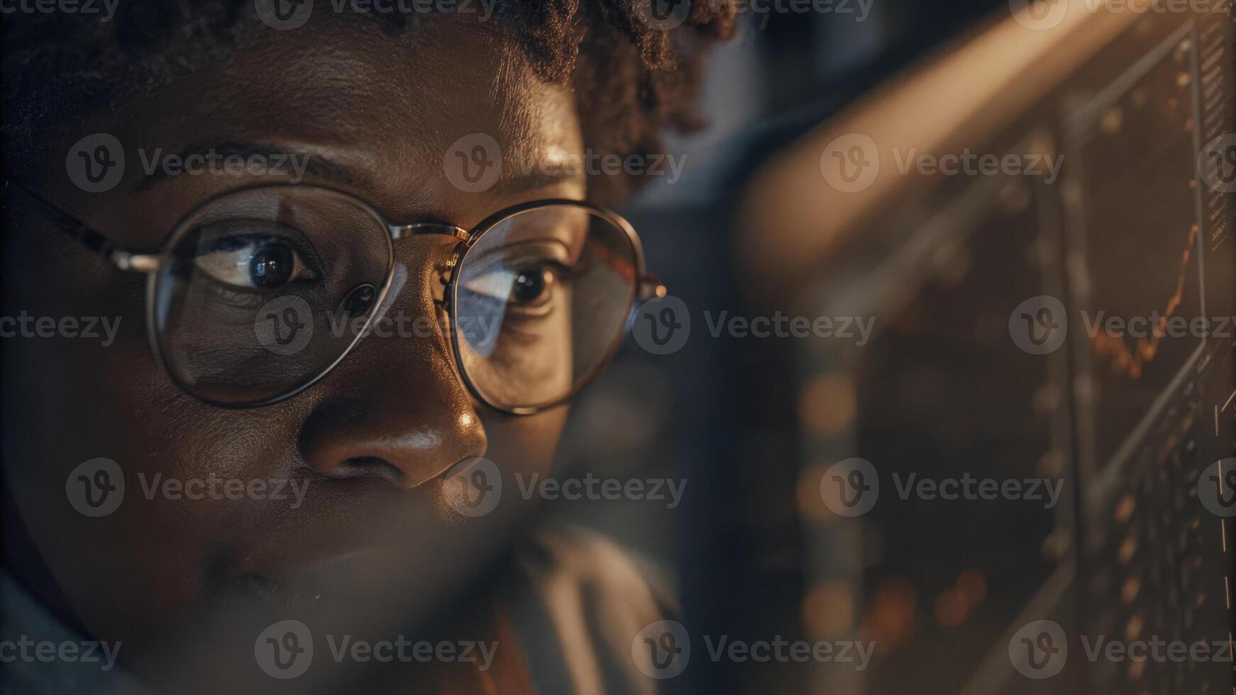 A closeup of eyes wide with curiosity as a user interacts with a multicolored holographic risk visualization exploring correlations between various compliance aspects.. photo