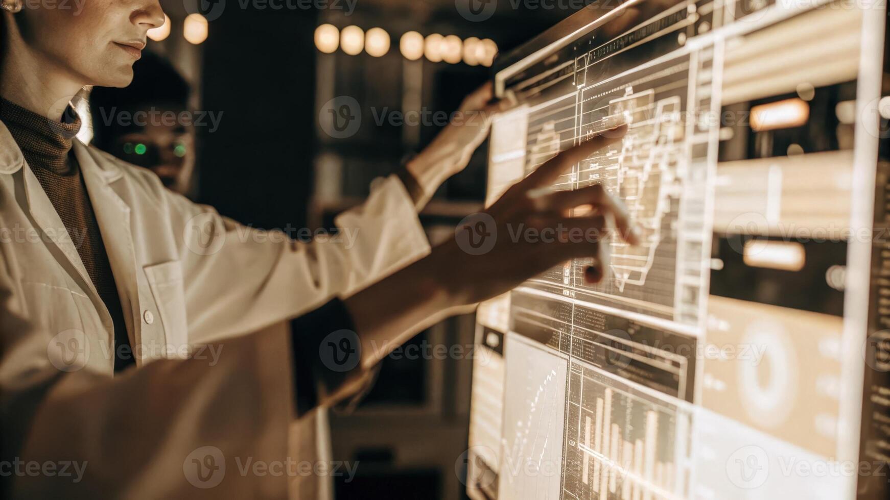 A scientist adjusting settings on a sleek transparent interface with floating holographic graphs and charts that track realtime data analytics related to product development.. photo