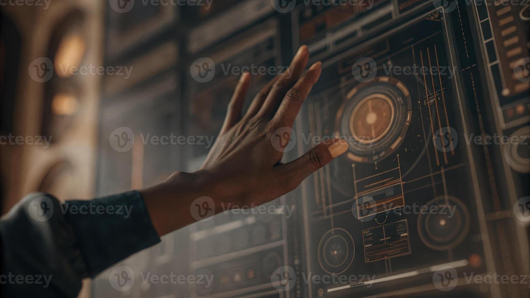 A hand reaching out to touch a floating holographic design with virtual tools and features layered around it illustrating a seamless digital experience.. photo