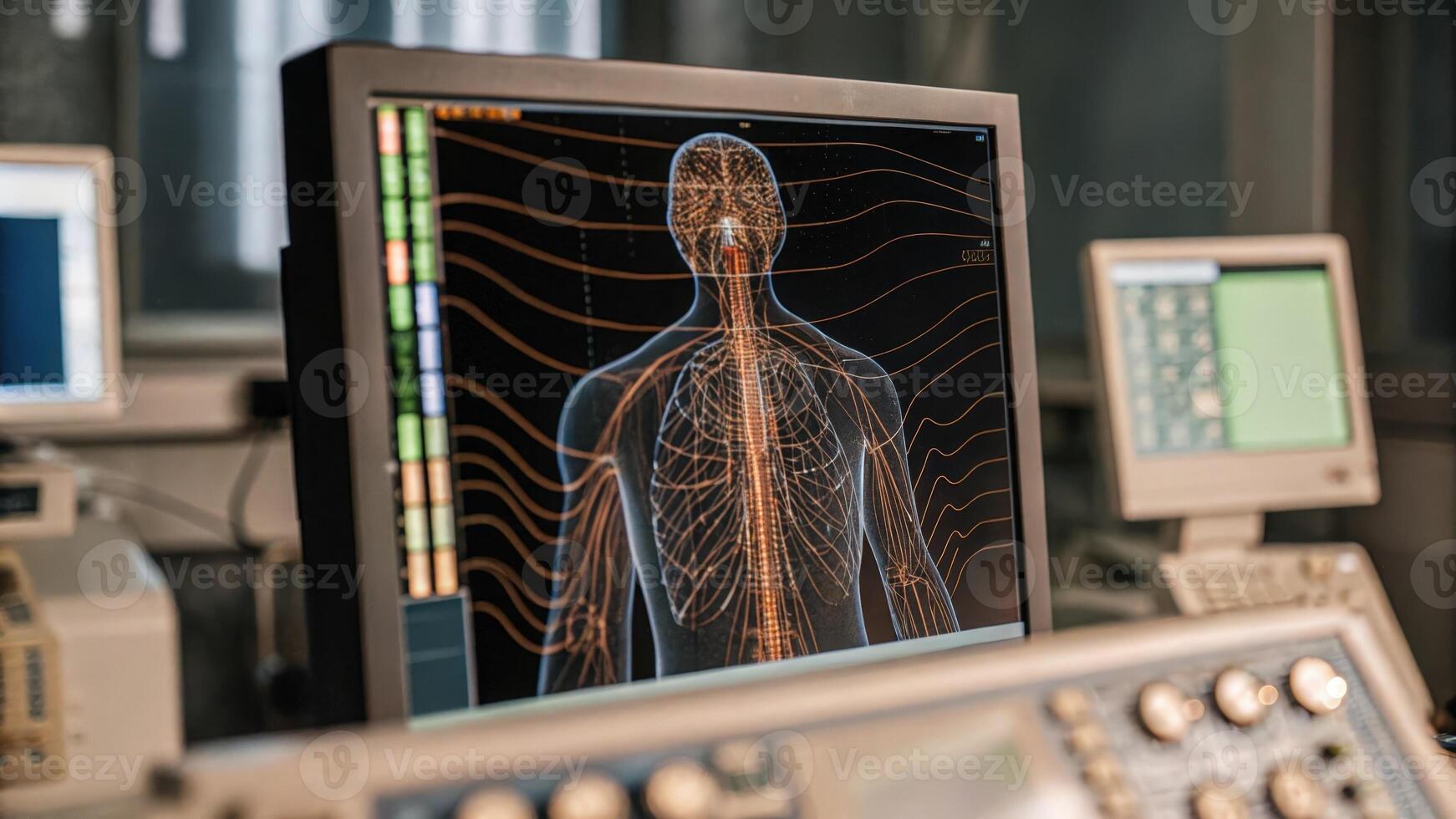 A monitor displaying a 3D model of the human nervous system with highlighted areas responding to biofeedback data set against an array of advanced lab equipment.. photo