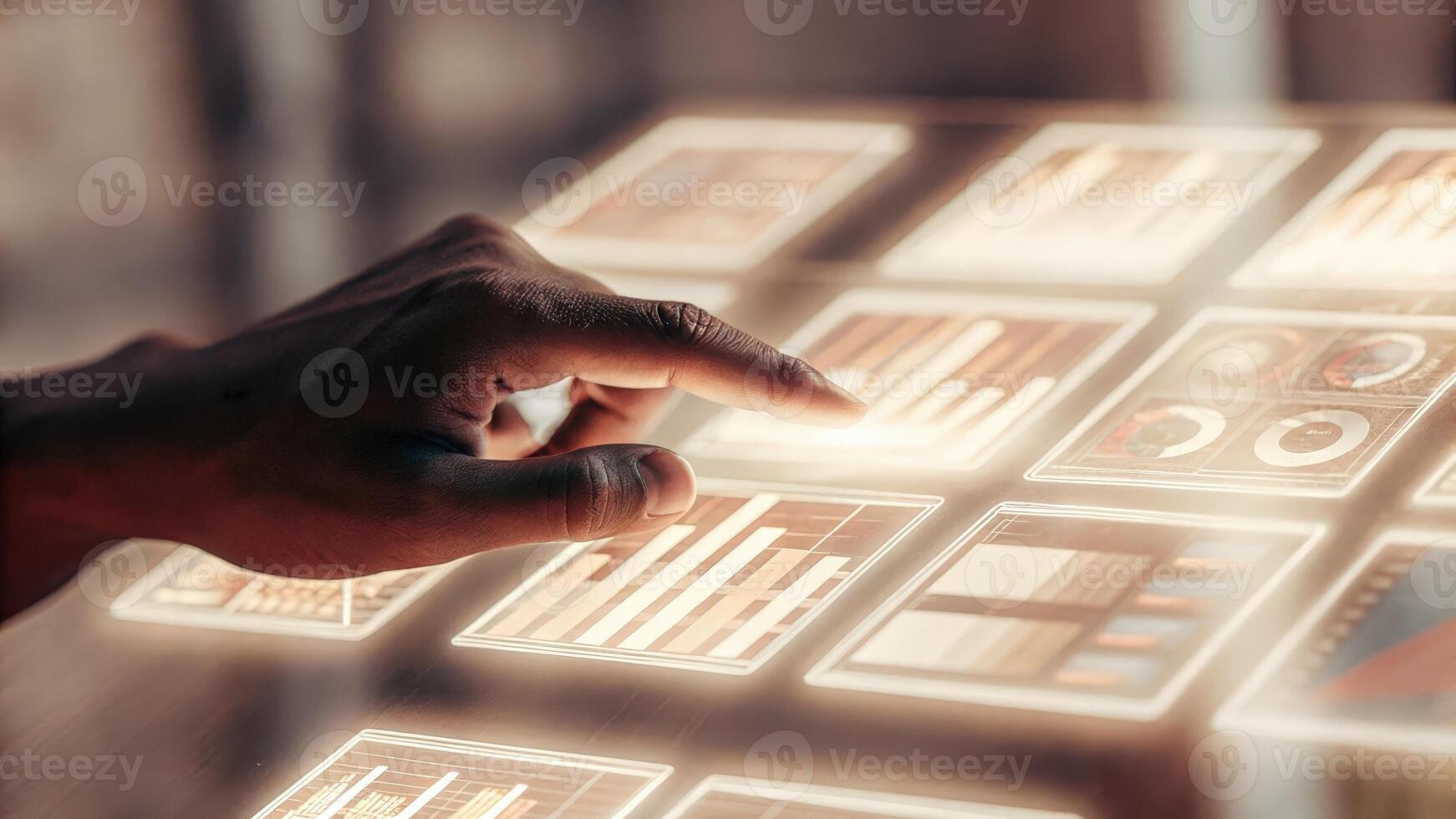 A closeup of a hand reaching out to swipe through holographic data cards with illuminated performance indicators ani as users explore different aspects of the dashboard.. photo