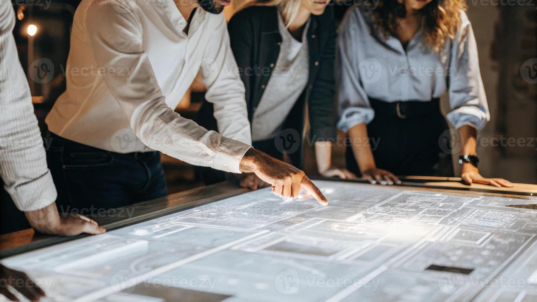 A medium shot of a group of engineers collaborating at a hightech table where holographic prototypes and metrics are displayed indicating their innovative brainstorming process.. photo
