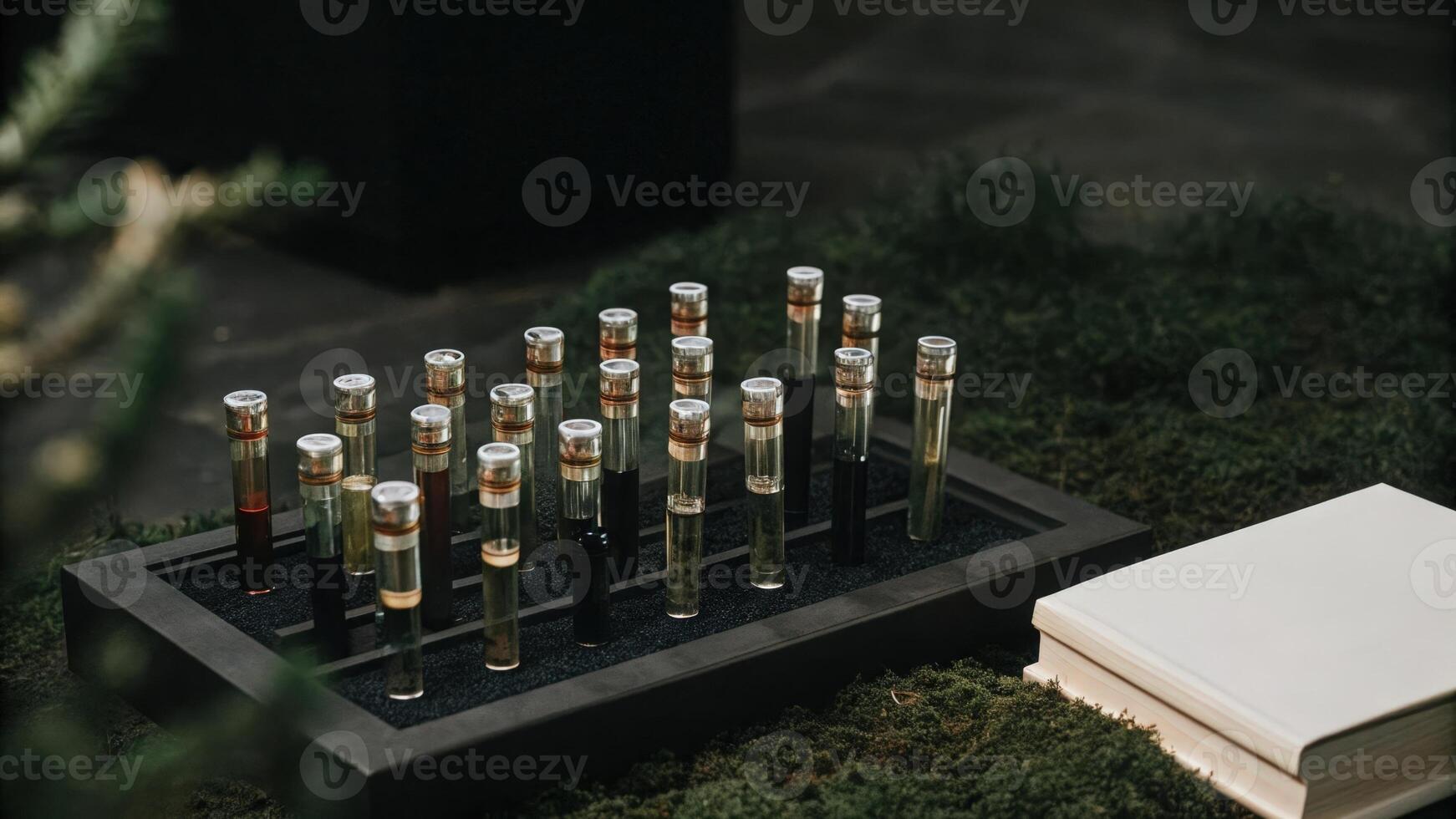 An artistic arrangement of a microscope test tubes with labels and a miniature lab manual emphasizing the handson nature of DIY experiments.. photo