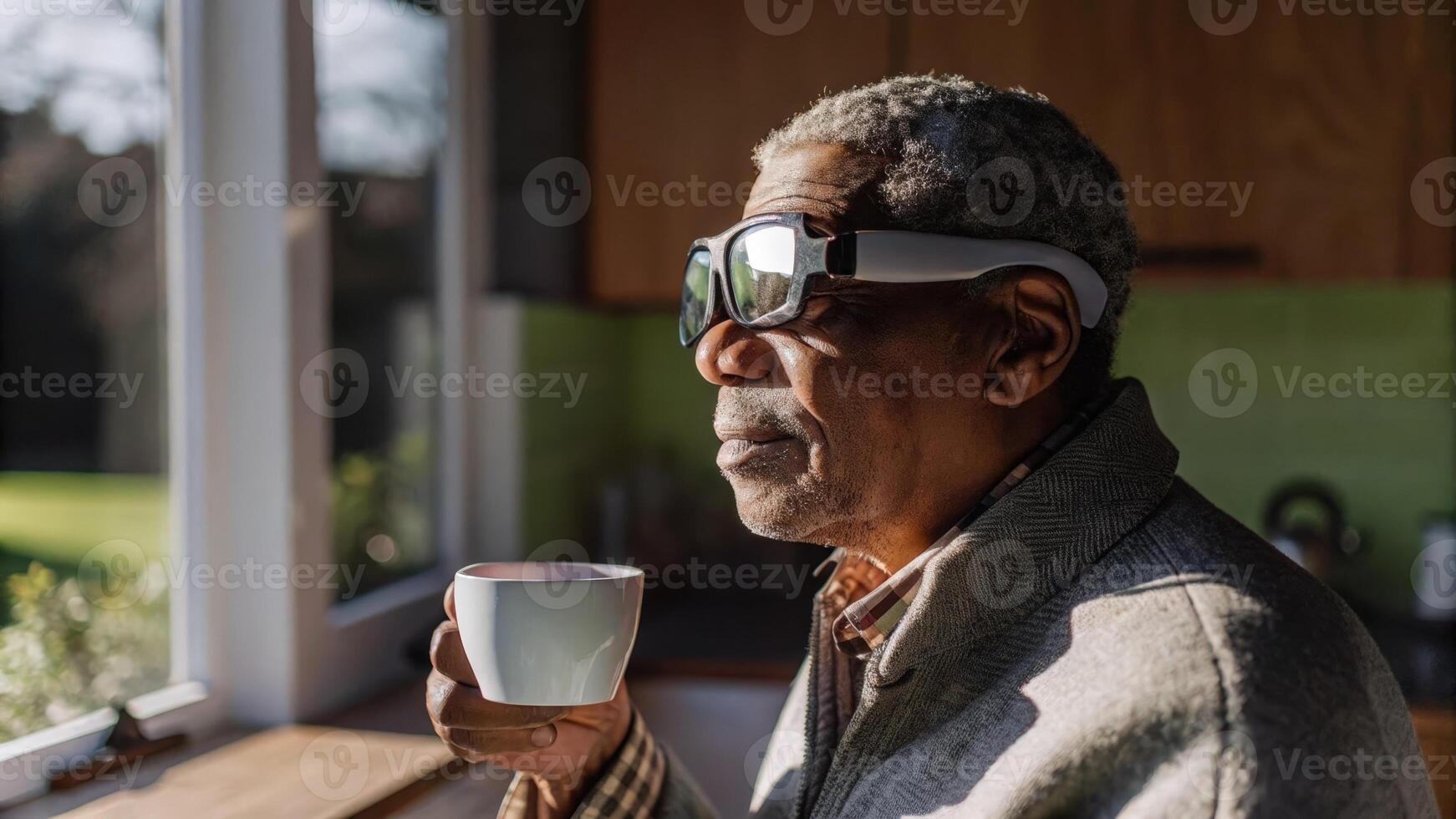 A closeup of an elderly man with deepset wrinkles looking through augmented reality glasses that display his glucose levels as he pauses thoughtfully with a cup of tea in a sunlit. photo