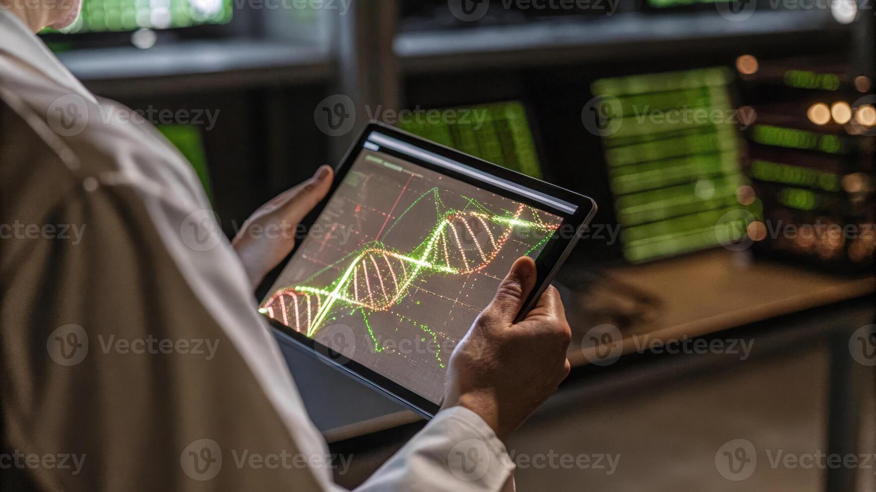 A researcher in a futuristic lab coat examining a digital tablet where a 3D hologram of a DNA double helix rotates showing areas marked for gene editing.. photo