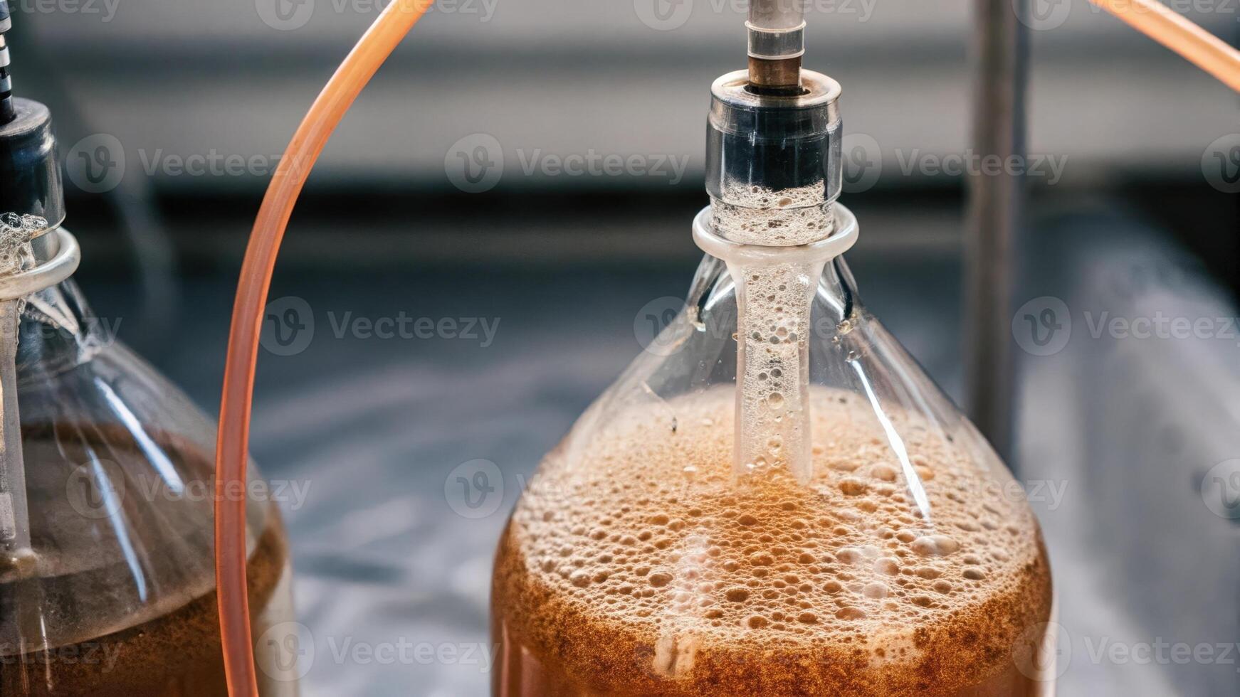A closeup of a fermentation setup featuring a glass flask filled with bubbling culture carefully monitored by electronic sensors demonstrating an innovative approach to microbial. photo