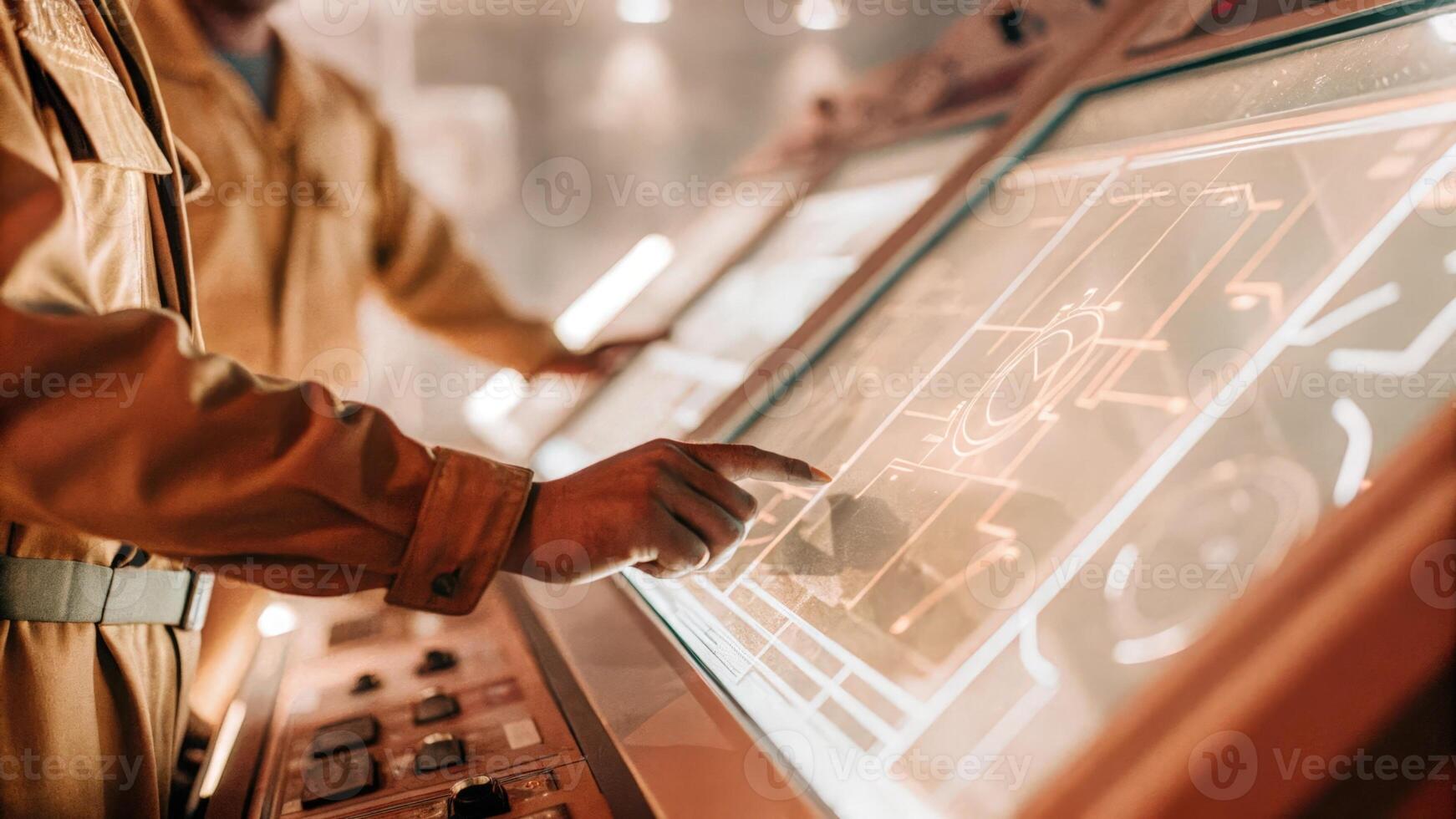 A focused technician adjusts settings on a transparent touchscreen interface while vibrant holographic graphs and schematics float above the console illustrating realtime. photo