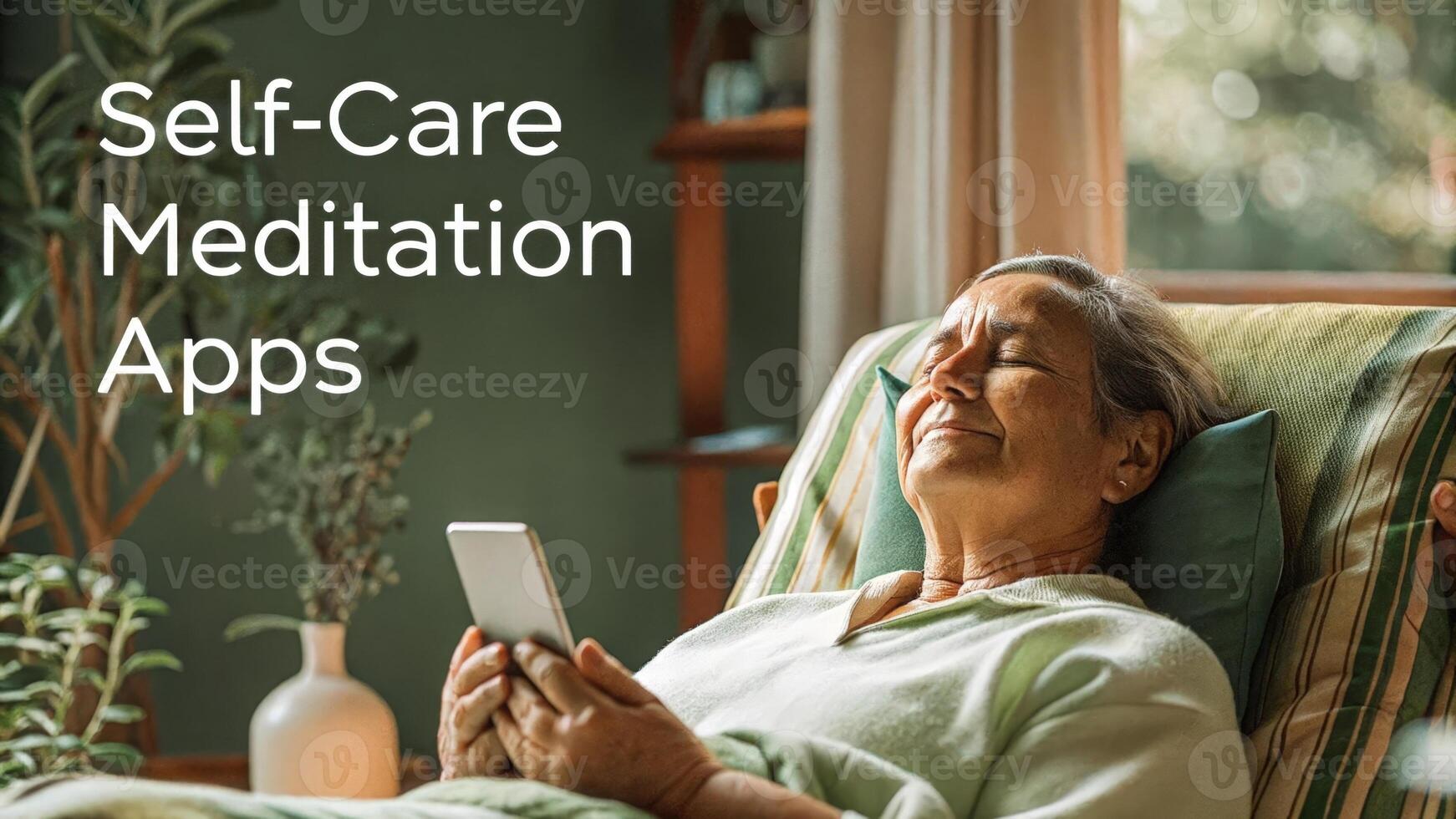 An elderly person resting in an armchair clutching a digital device with a serene expression surrounded by a peaceful environment that emphasizes the importance of selfcare apps. photo
