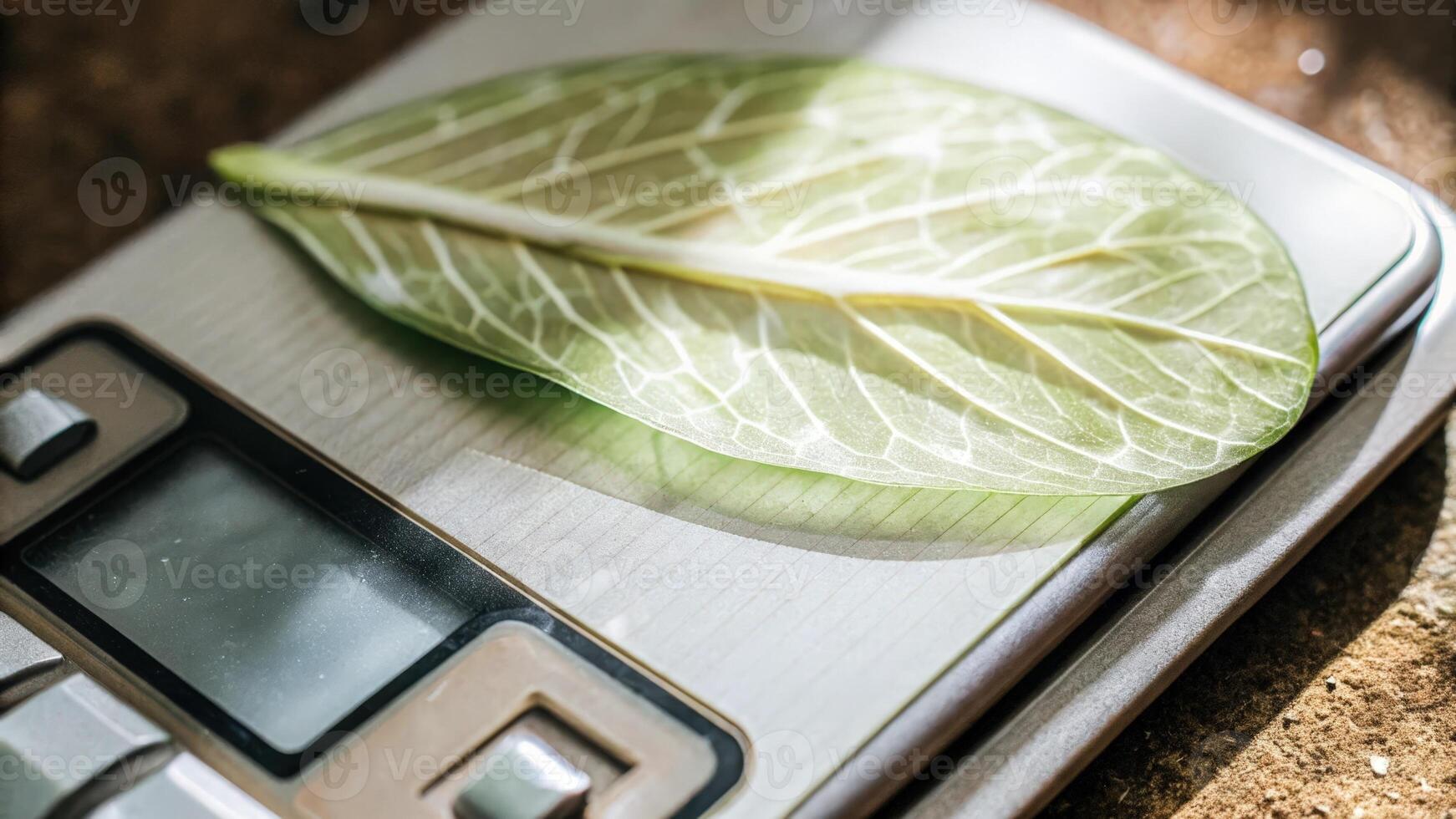 A macro shot of a leaf with a subtle luminescent pattern showcasing the effects of genetic modification resting on a scale to measure its weight against unmodified counterparts.. photo