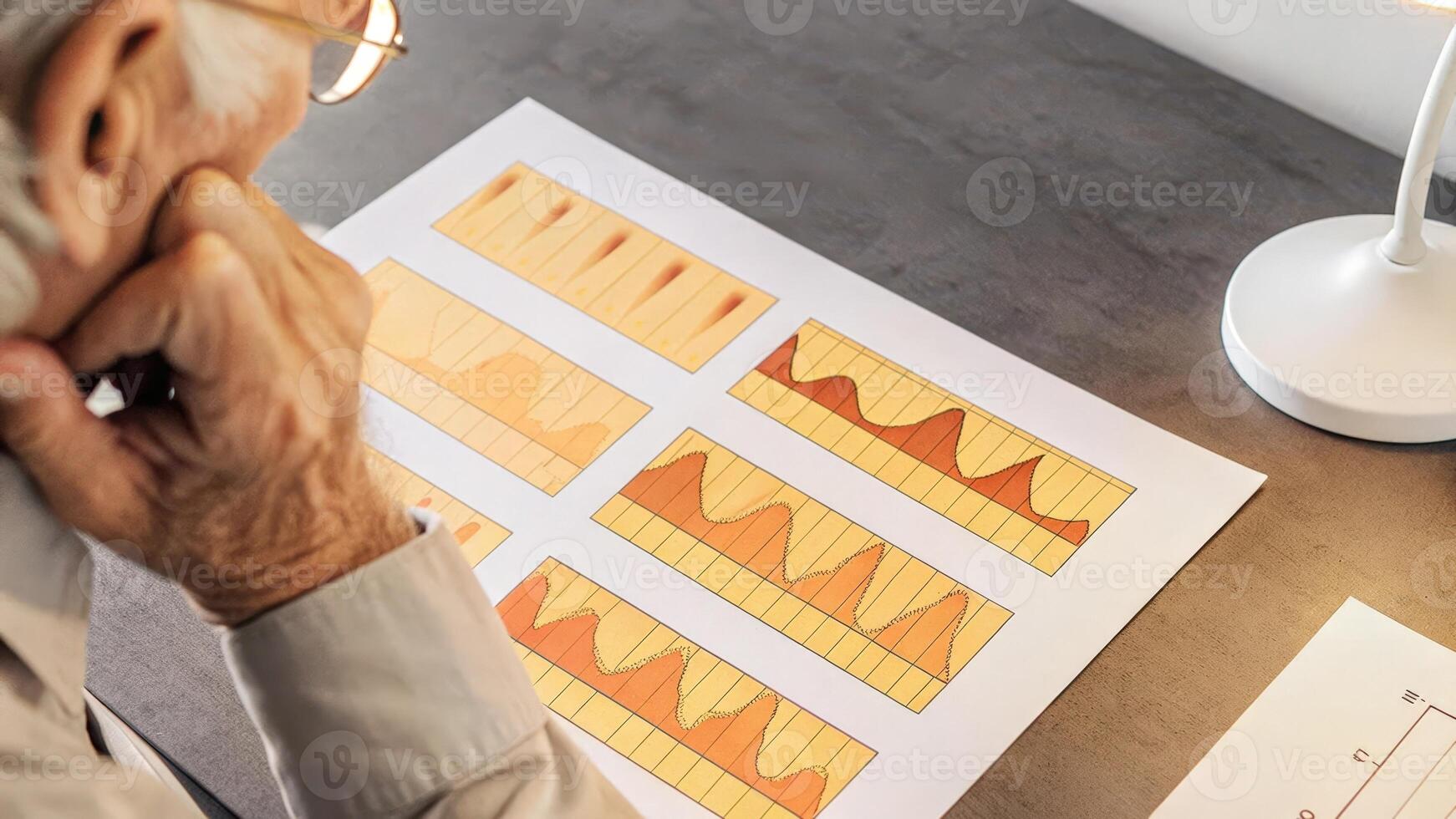 A closeup of a senior man resting his chin on his hand gazing at a series of colorful charts illustrating his pressure variations over the past month.. photo