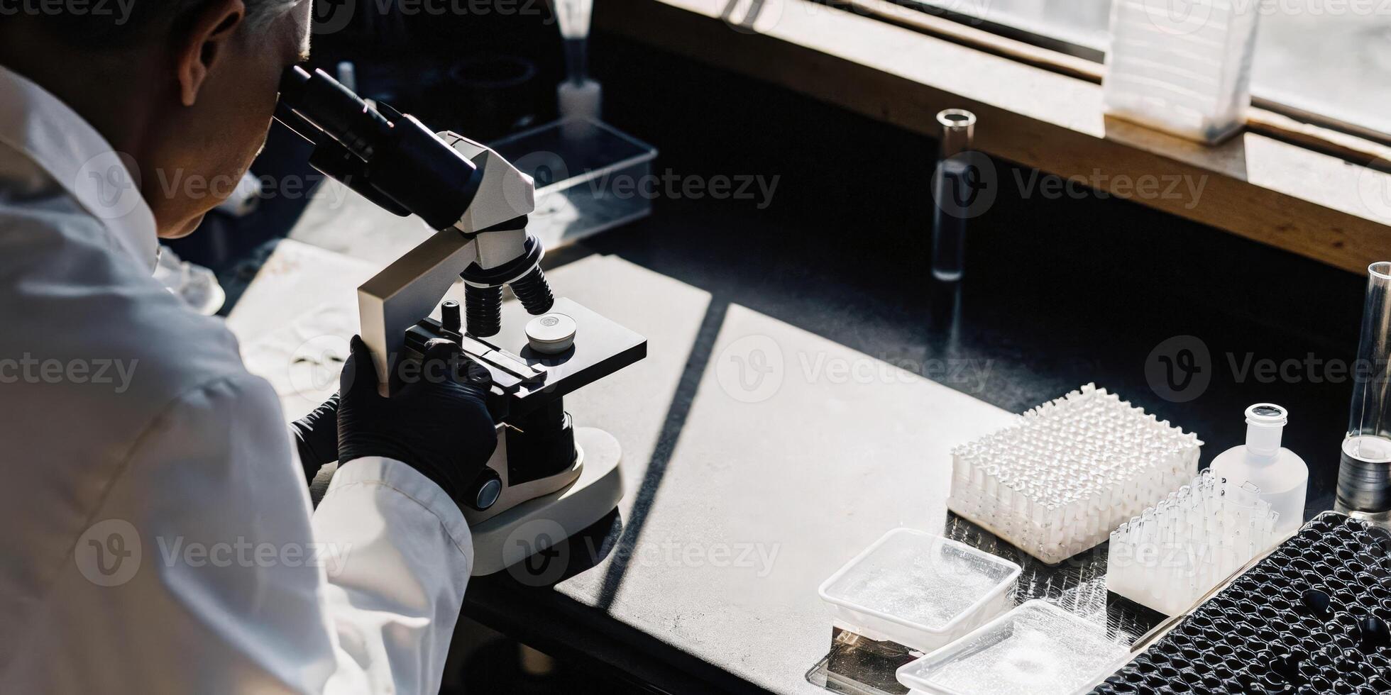 An experienced scientist in a lab coat gazes intently through a microscope with CRISPRrelated materials spread out around showcasing the intricate world of gene editing.. photo