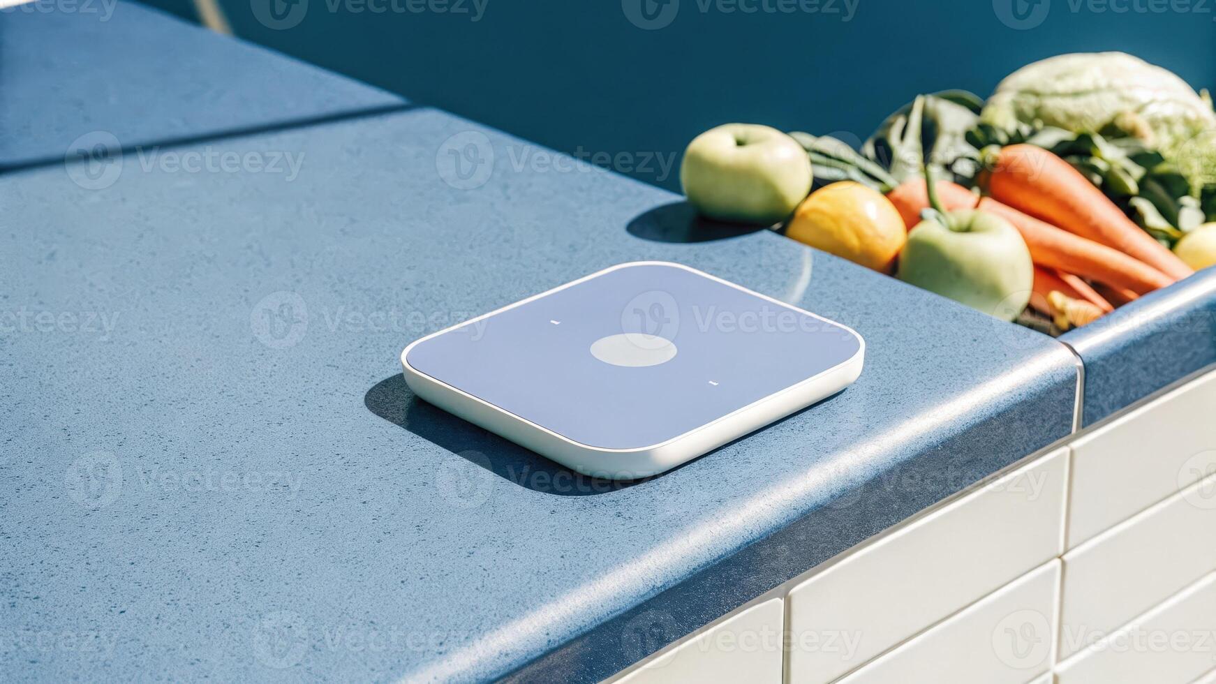 A hightech device resting on a kitchen counter capable of analyzing food intake and nutritional values alongside colorful fruits and vegetables symbolizing the intersection of. photo