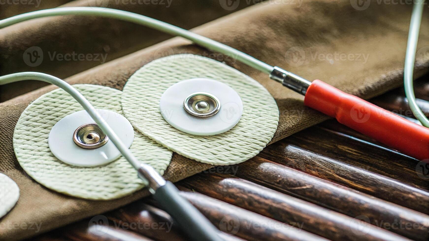 Closeup of electrodes designed for neurostimulation showcasing their delicate construction and flexible dial feature that allows adjustment for optimal contact with the scalp.. photo