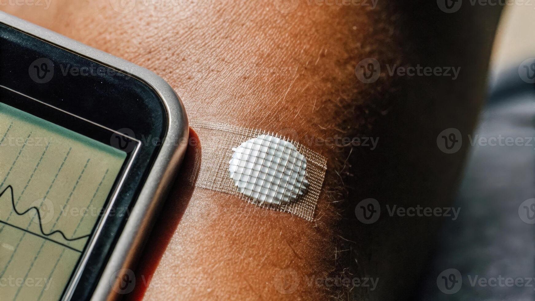 Macro shot of a skin patch equipped with microneedles extracting data with the skins texture visibly interacting with a digital device showing health progression graphs.. photo