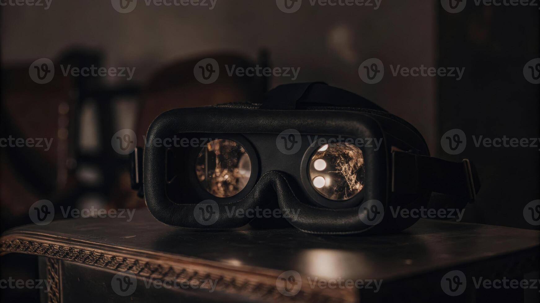 A closeup of a VR headset resting on a table with holographic images reflecting off its surface indicating enhanced tech integration for immersive pitches.. photo