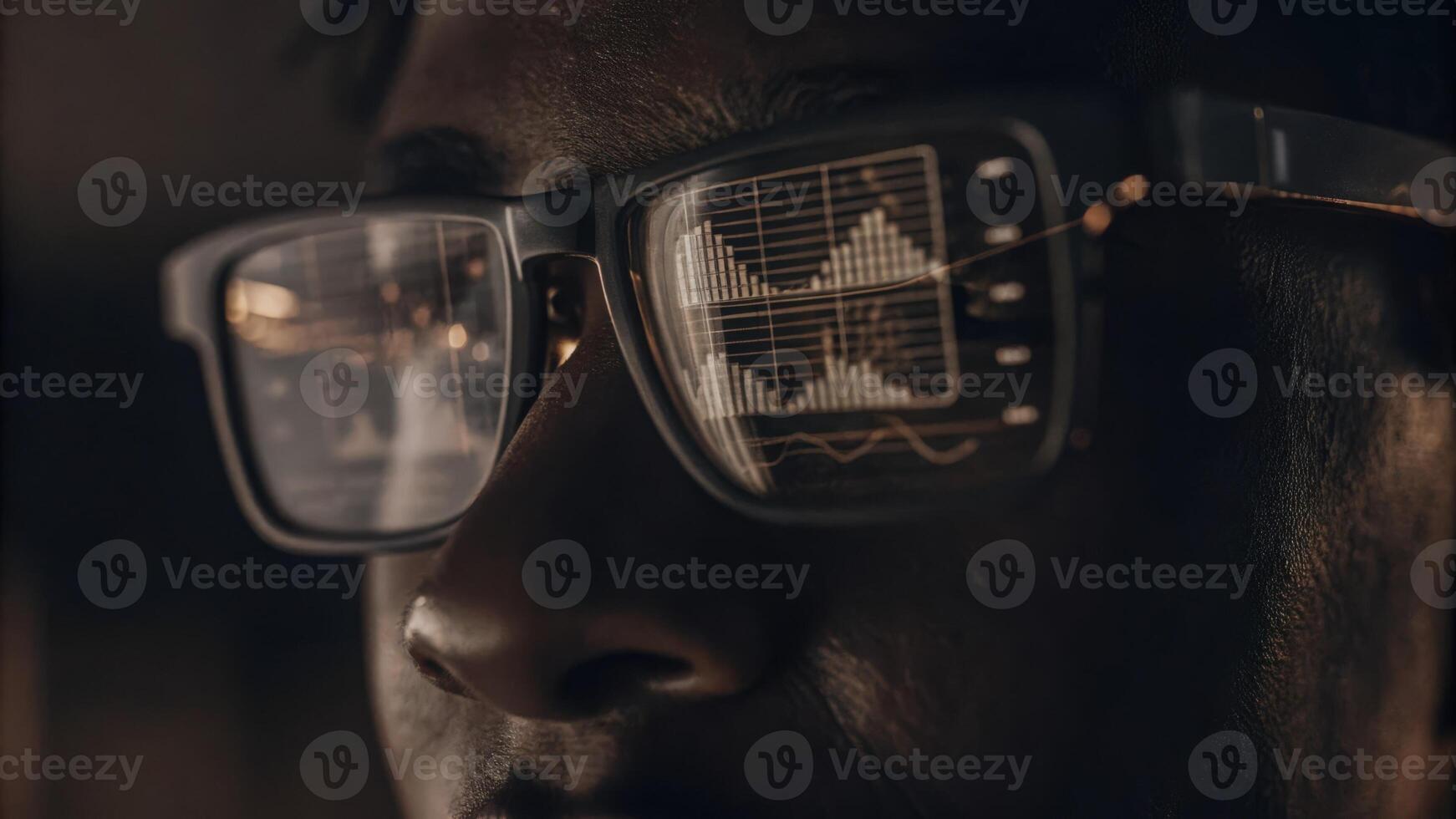 A pair of glasses worn by a participant revealing augmented holographic projections of key performance indicators enhancing the collaborative atmosphere.. photo