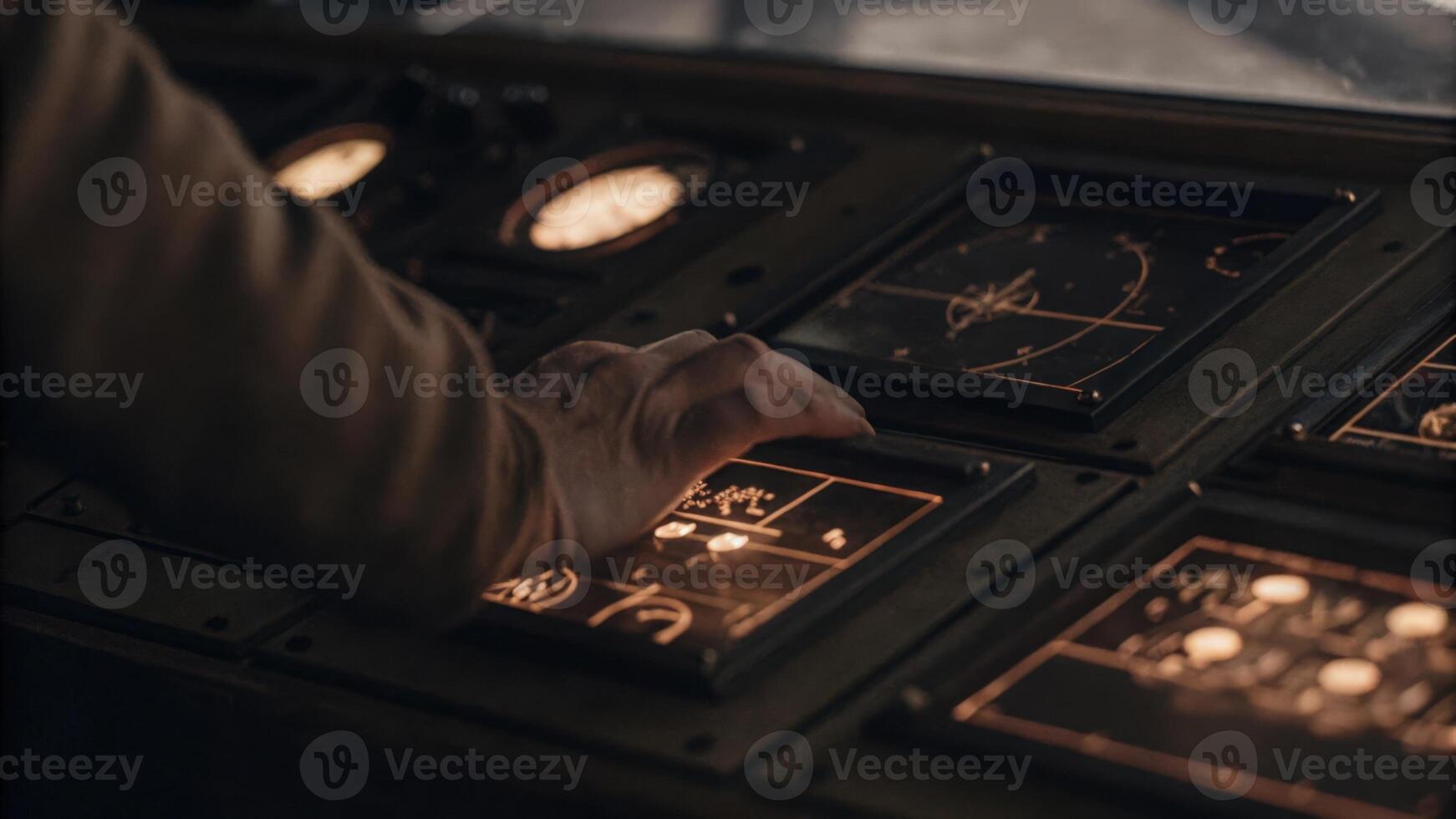 A close view of multiple holographic gauges and indicators delicately glowing as a user swipes through various analytical views with fluid hand motions.. photo