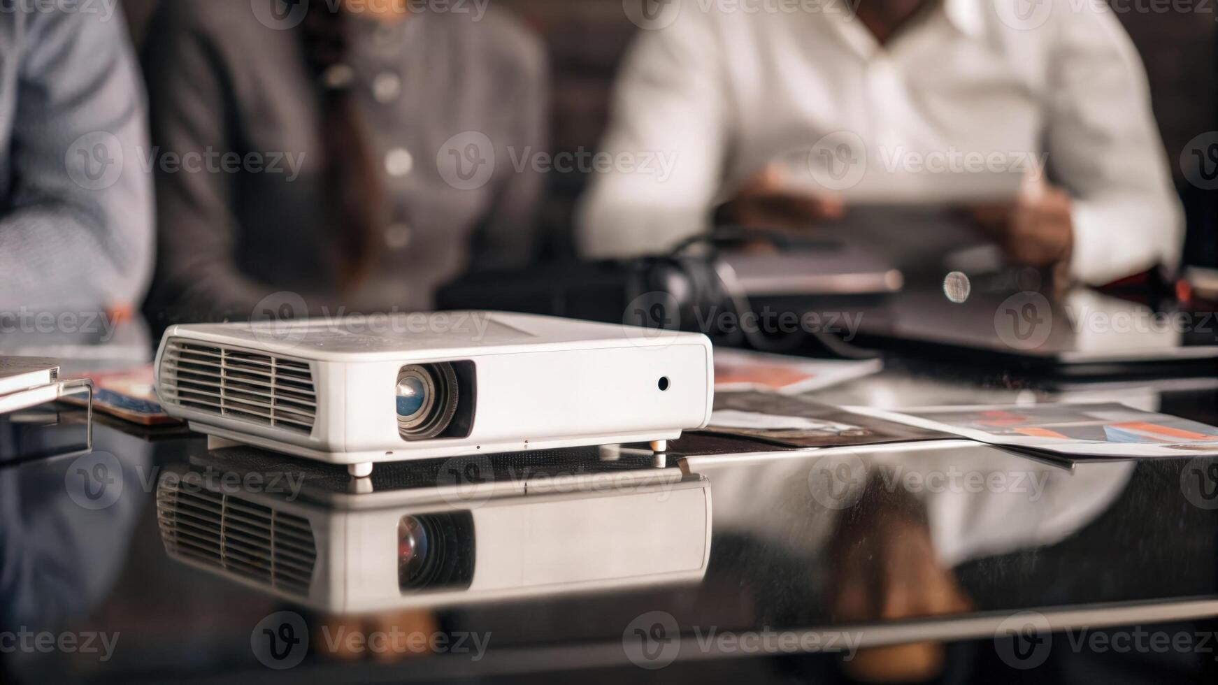A closeup of a conference room table equipped with personal holographic projectors where attendees share and customize their visual data.. photo