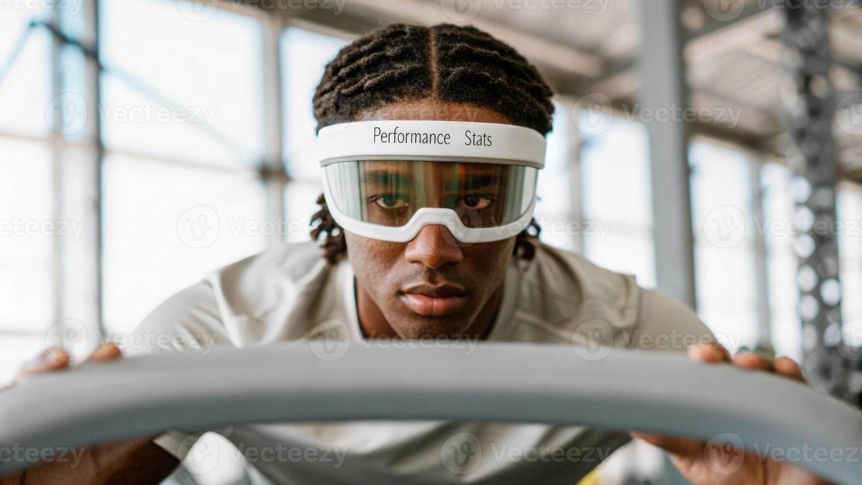 An athletic individual wearing a headmounted display that shows realtime performance stats during a workout with focused facial expressions and blurred gym equipment in the. photo