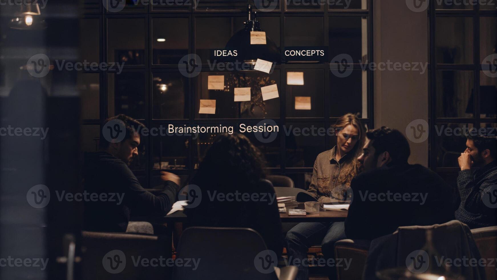 A small team is engaged in a brainstorming session with holographic postit notes floating above the table each projecting different ideas and concepts in a collaborative. photo