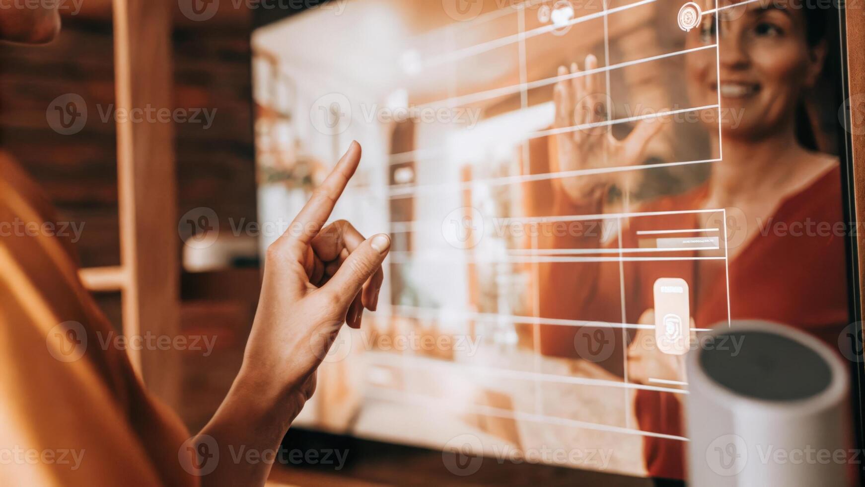 A user adjusts the timeline of a project on the holographic interface using gestures to zoom in on specific tasks while a digital assistant offers insights.. photo