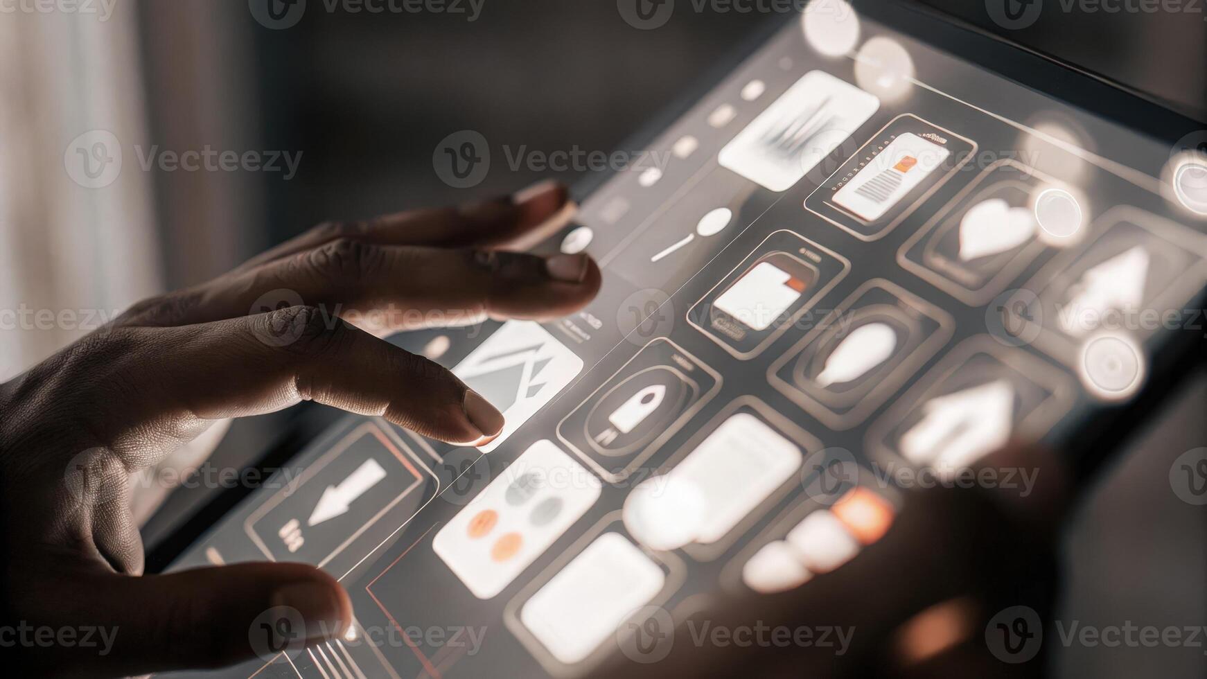 A closeup of hands manipulating a tactile holographic screen with bright icons and information appearing in midair showcasing an intuitive user interface for complex project. photo