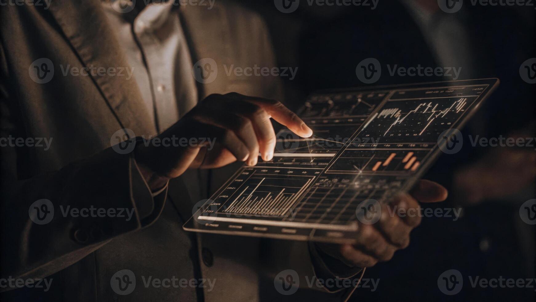 An exeive using hand gestures to manipulate a lifelike holographic interface displaying key performance indicators and strategic metrics showing the seamless interaction between. photo
