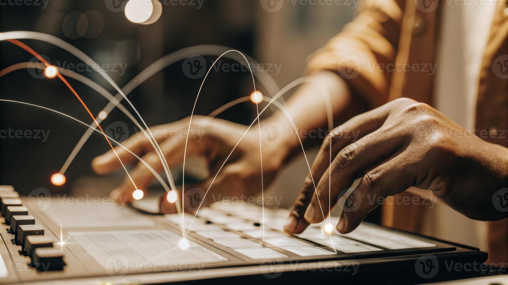 A closeup shows hands manipulating a holographic interface as a supply chain analyst adjusts sliders to optimize logistics routes with vibrant data points pulsing in the air around. photo