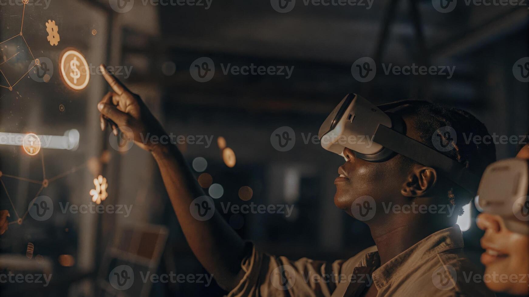 A virtual reality headset worn by a participant showcasing their immersive experience in navigating a 3D investment landscape filled with floating icons and financial imagery.. photo
