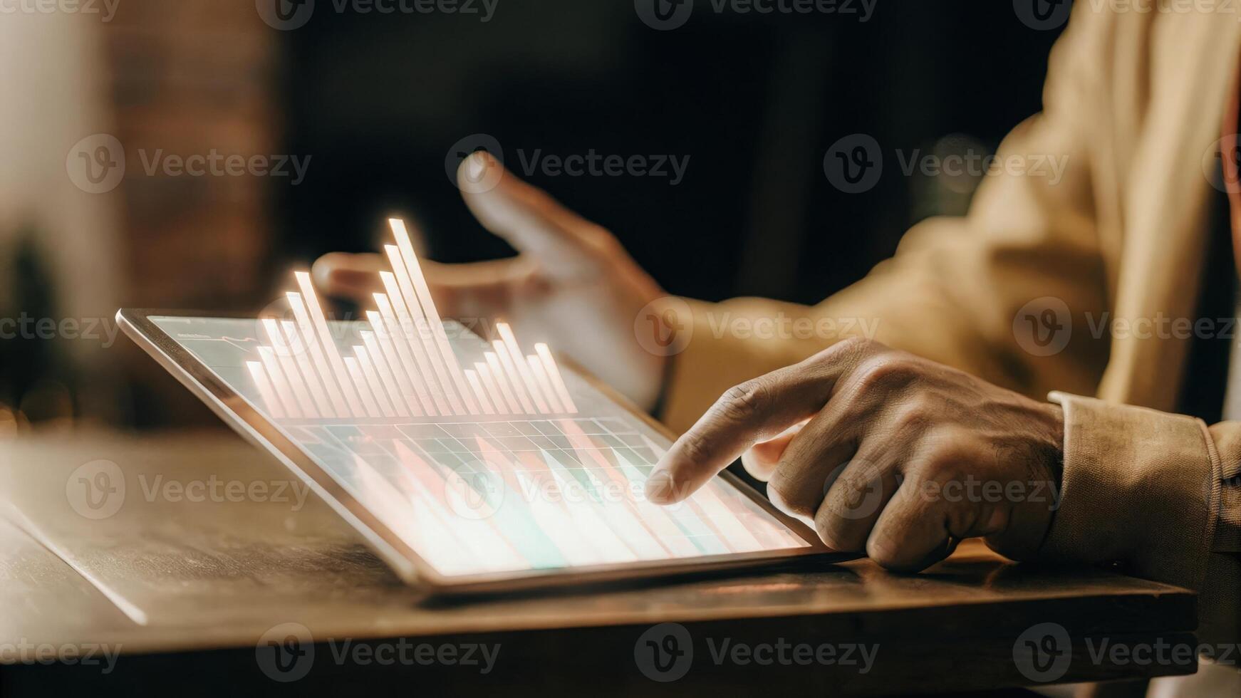 A closeup of a users hand interacting with a vibrant holographic interface manipulating 3D charts and graphs that represent company performance statistics in a sleek modern. photo
