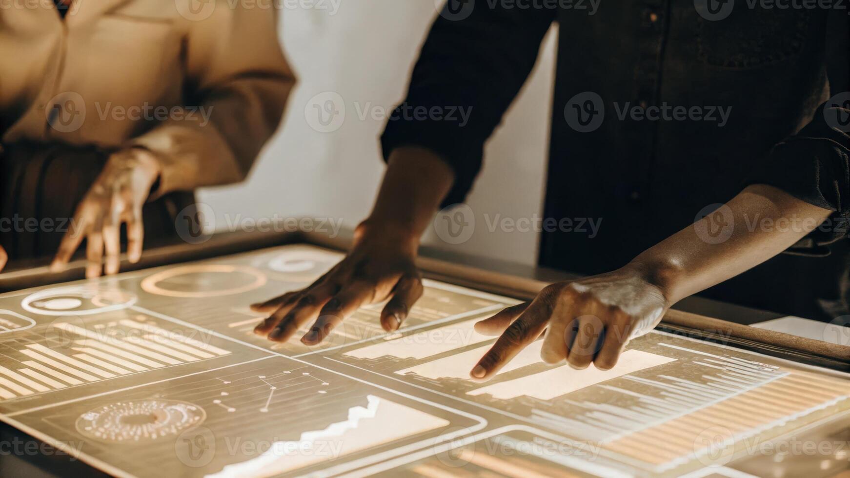 A close view of a holographic business dashboard showcasing key performance indicators in realtime with an employee using intuitive gestures to navigate through the data.. photo
