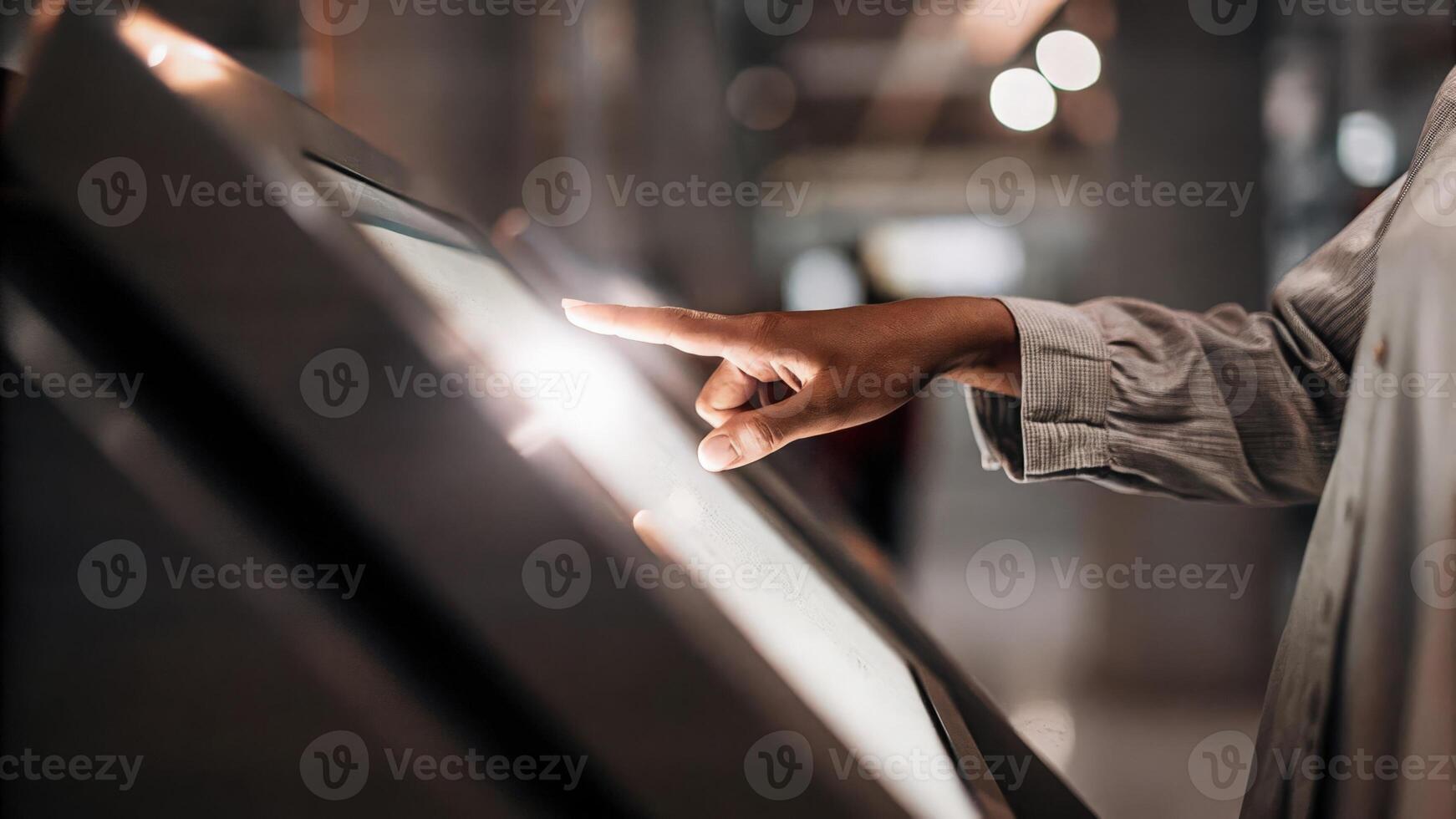 A closeup of a customers hand reaching out to touch a holographic product feature the interface lighting up in response signifying an intuitive and interactive shopping journey.. photo