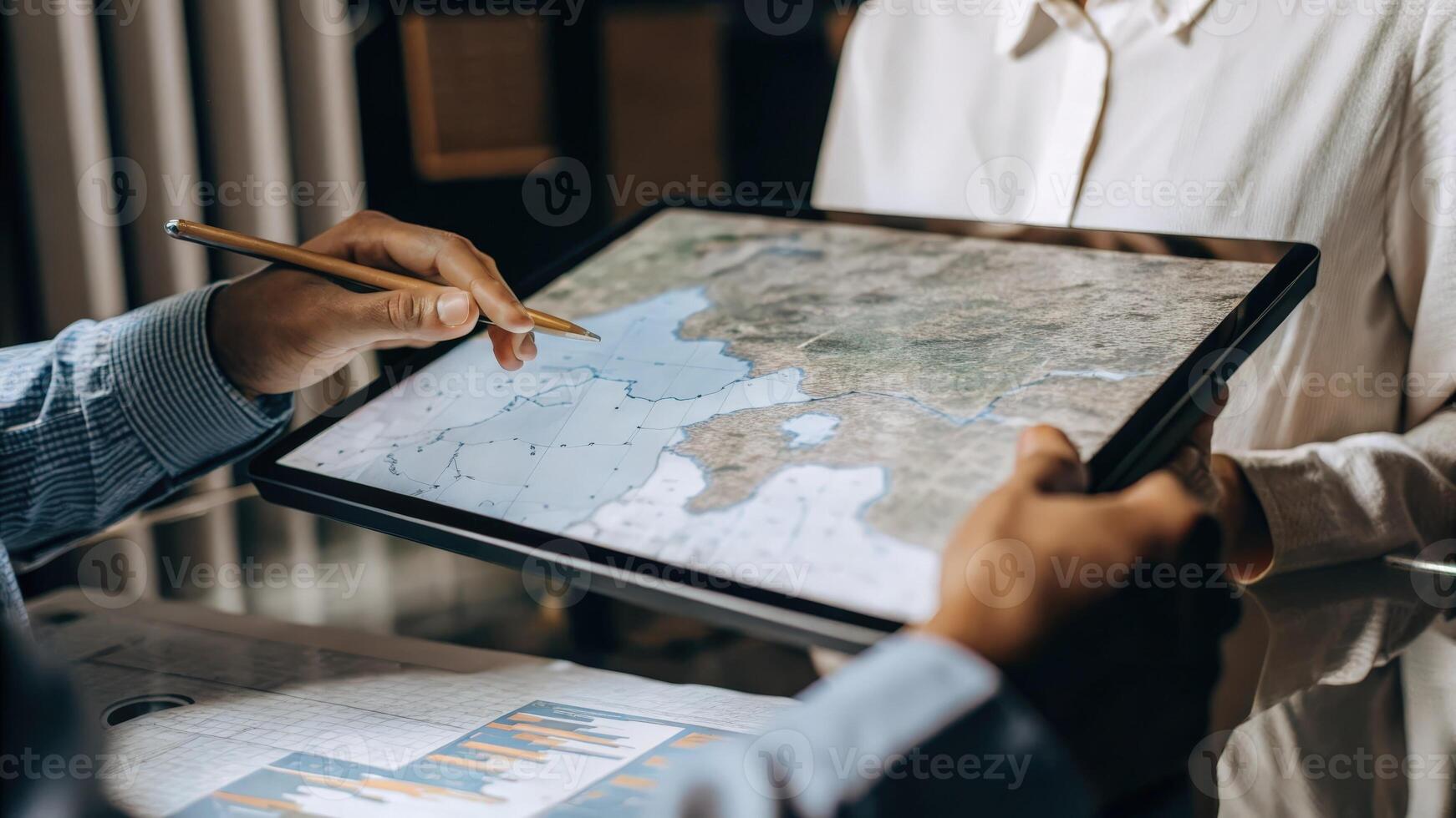 A business analyst manipulating a floating 3D holographic map zooming in to highlight specific regions while noting strategic sales data on a digital tablet.. photo