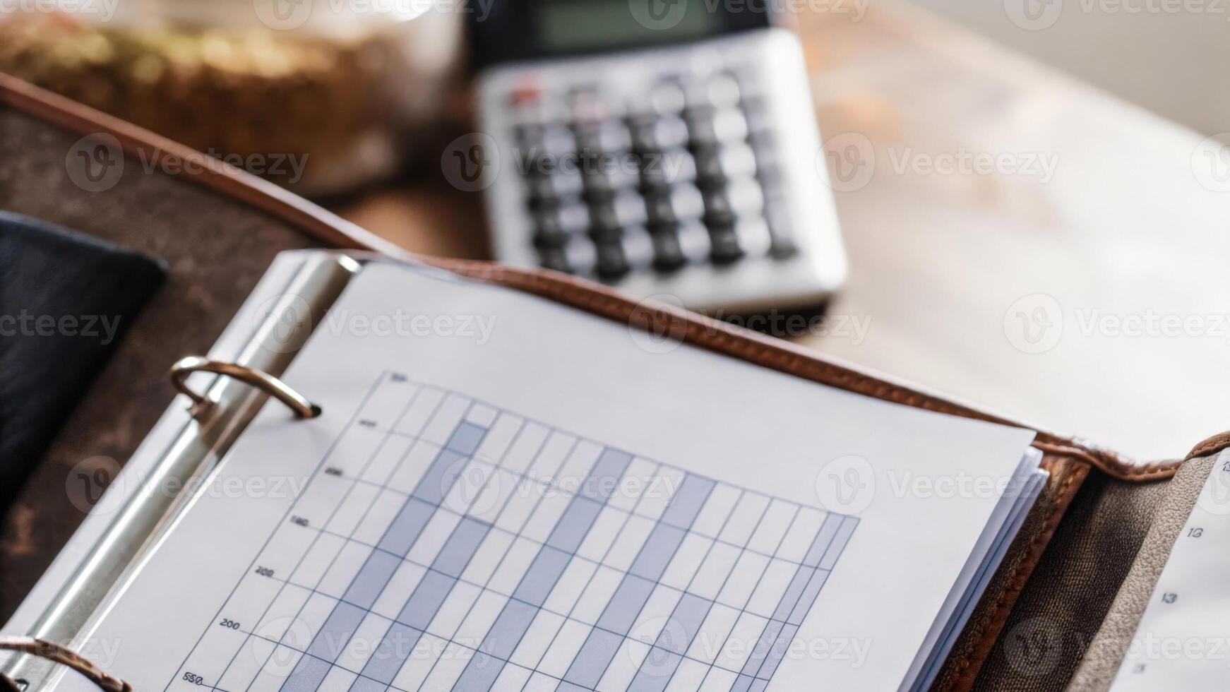 Closeup of an open folder revealing a detailed report on food metabolism related to genetic markers with a calculator and a list of grocery items in the background illustrating. photo