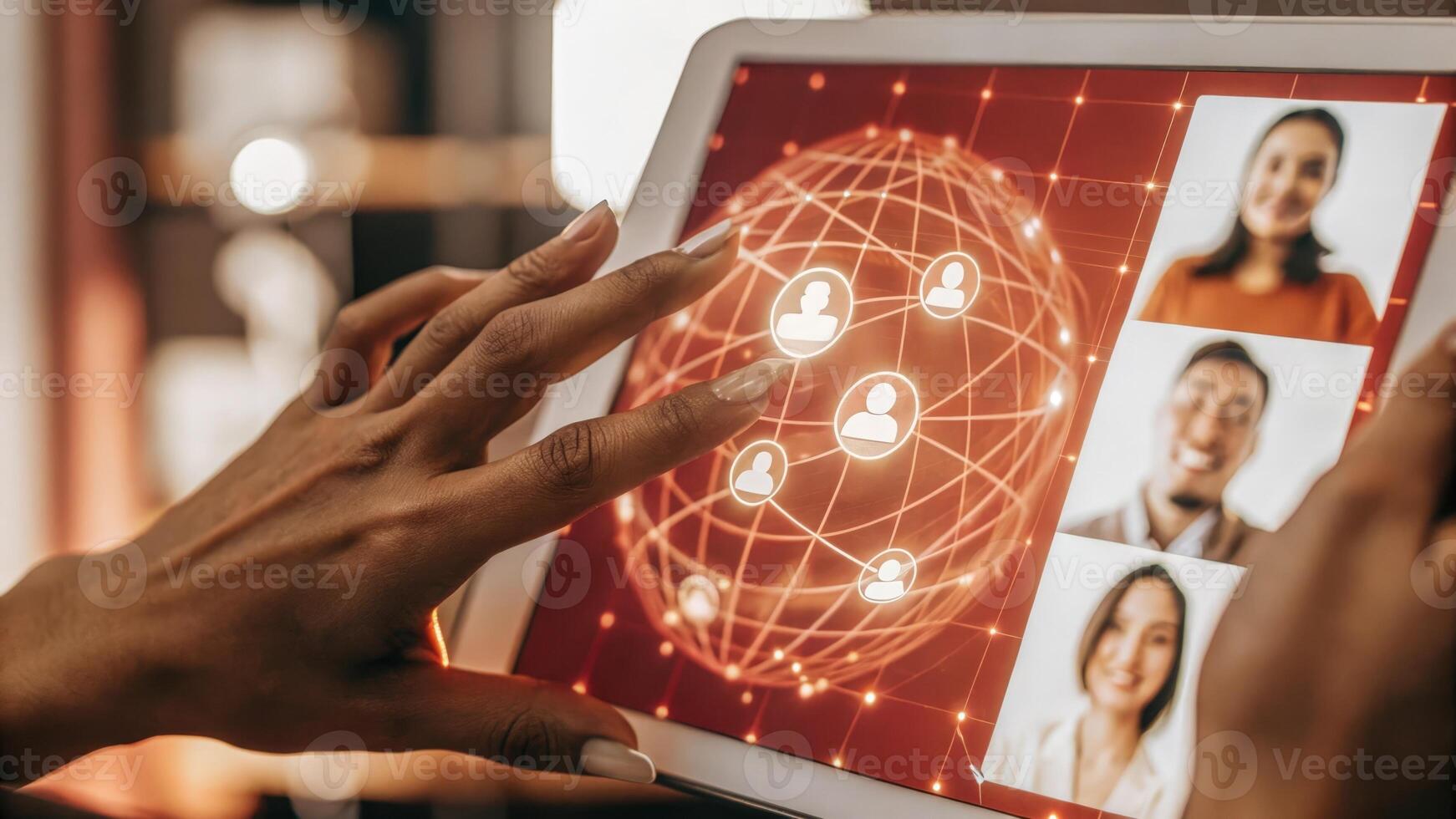 Hands adjusting the settings on a holographic interface while the background shows colleagues engaged in simultaneous virtual meetings projected within the networking sphere.. photo