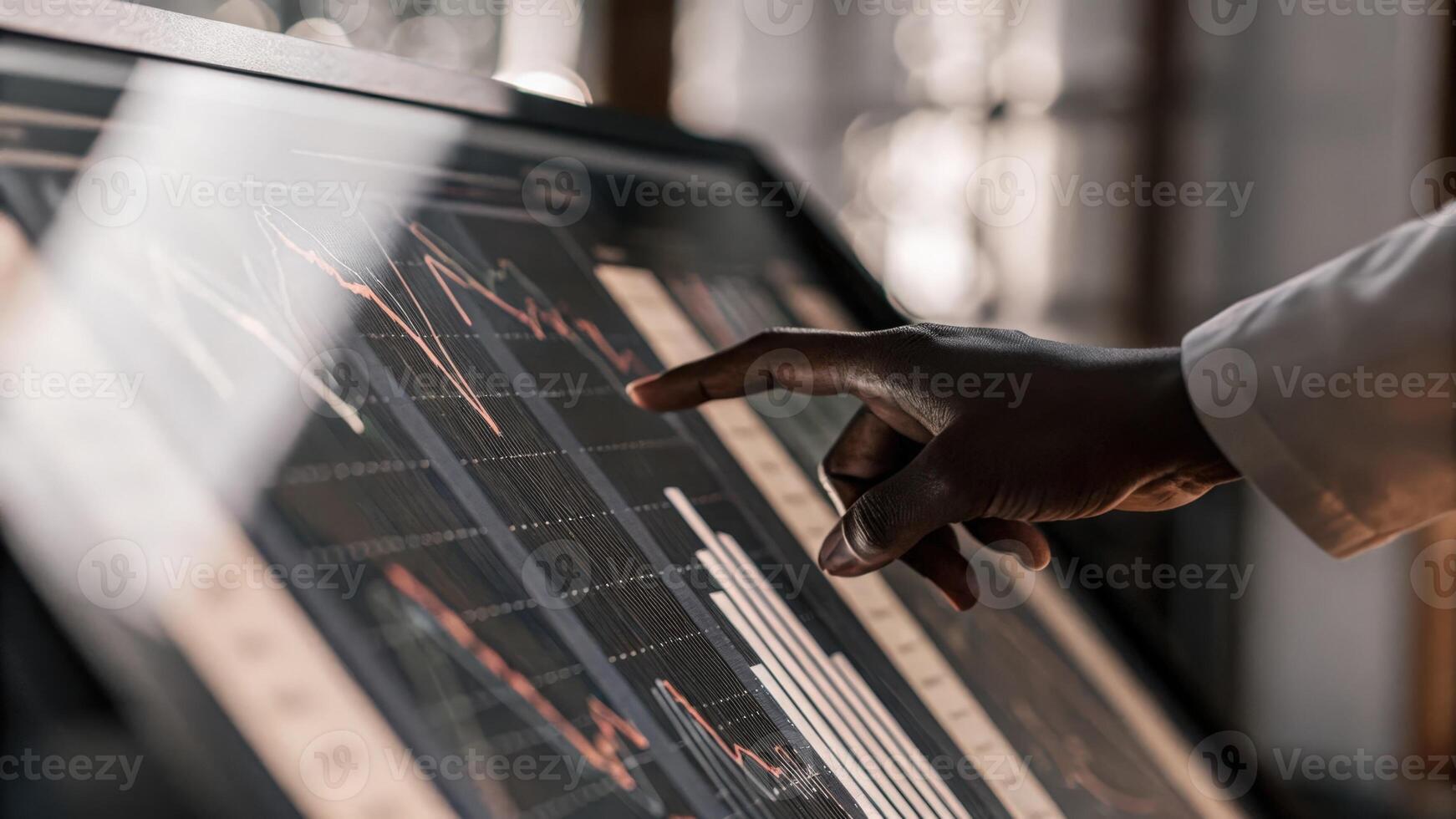 A closeup of a holographic screen displaying realtime analytics with a users hand hovering over it ready to manipulate the data with a gesture.. photo
