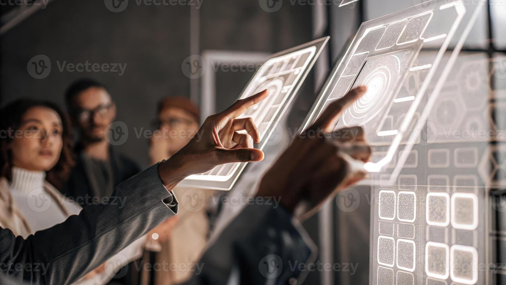 A pair of hands manipulating holographic interfaces while discussing technological advancements with a backdrop of intrigued onlookers.. photo
