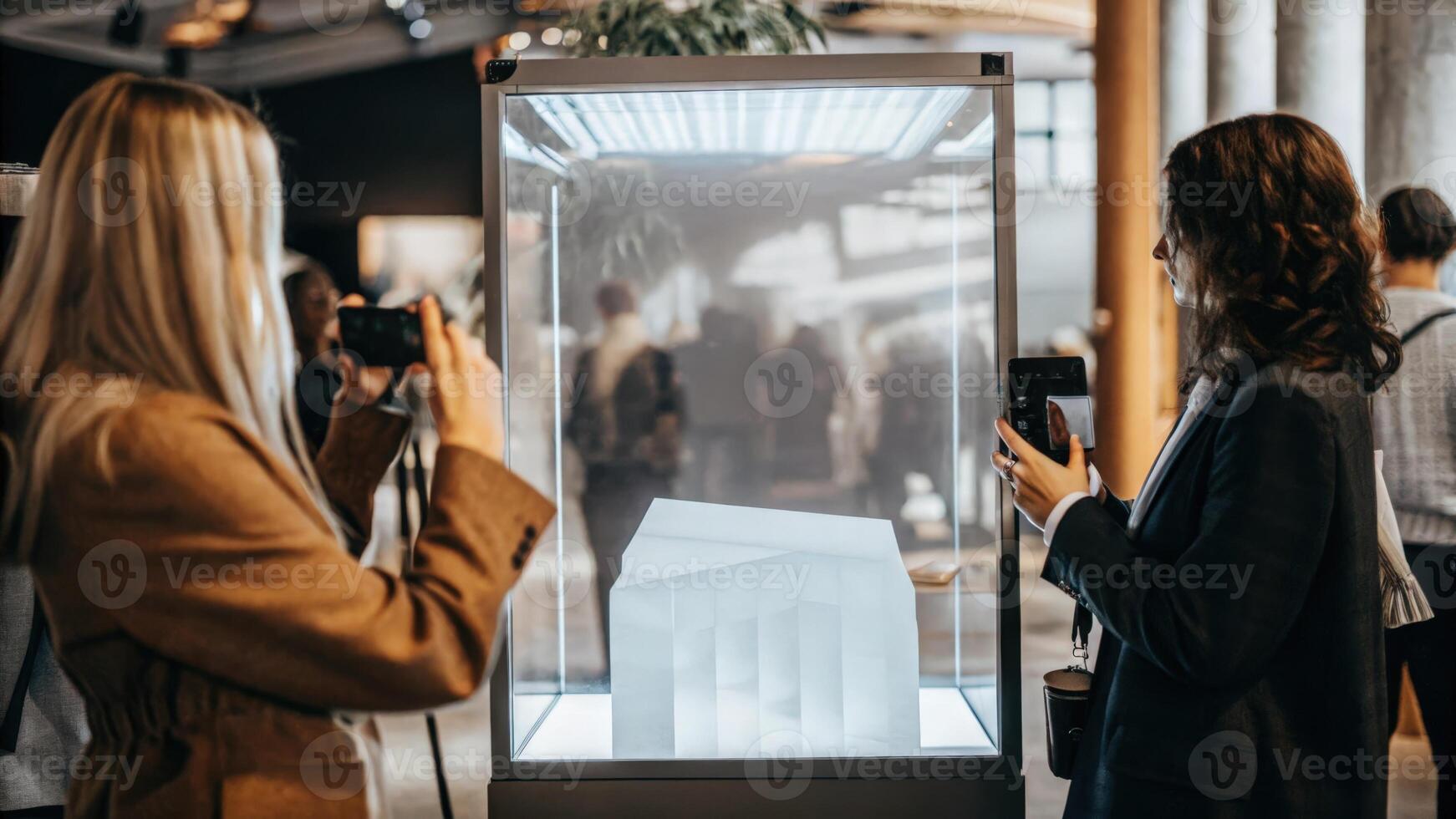A sleek booth featuring a holographic display of the latest innovations with intrigued participants trying out virtual experiences through handheld devices.. photo