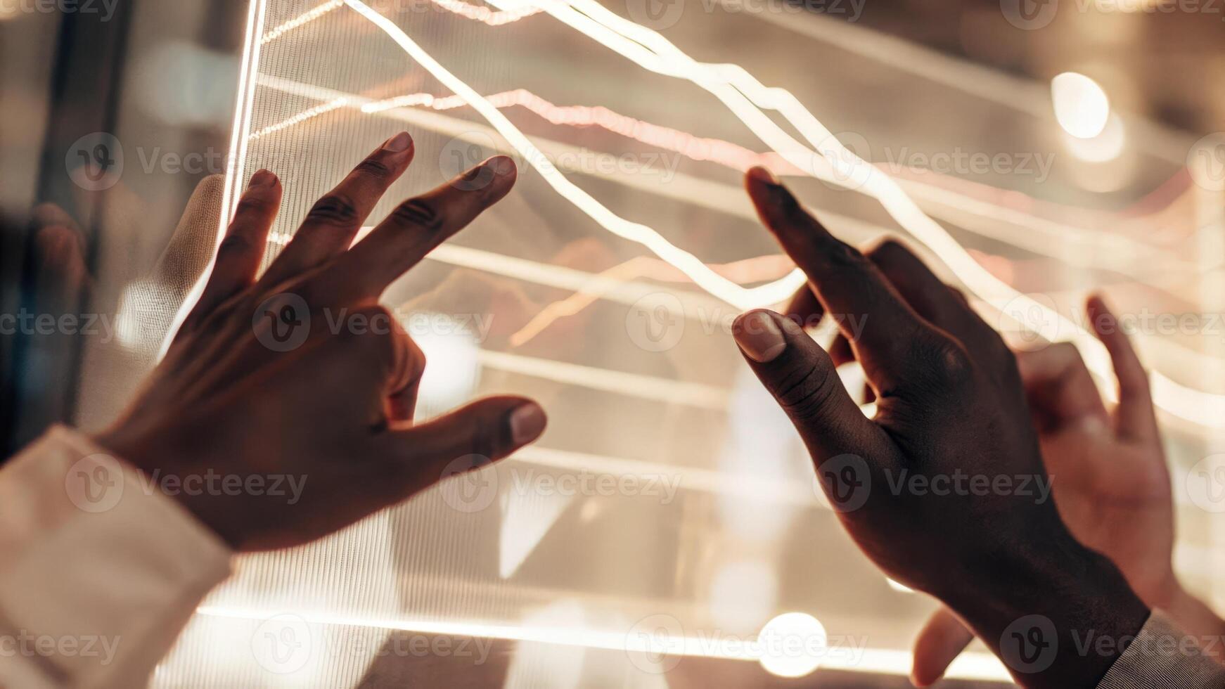 Closeup of a holographic interface displaying realtime analytics with hands reaching up to manipulate the data streams emphasizing collaboration.. photo