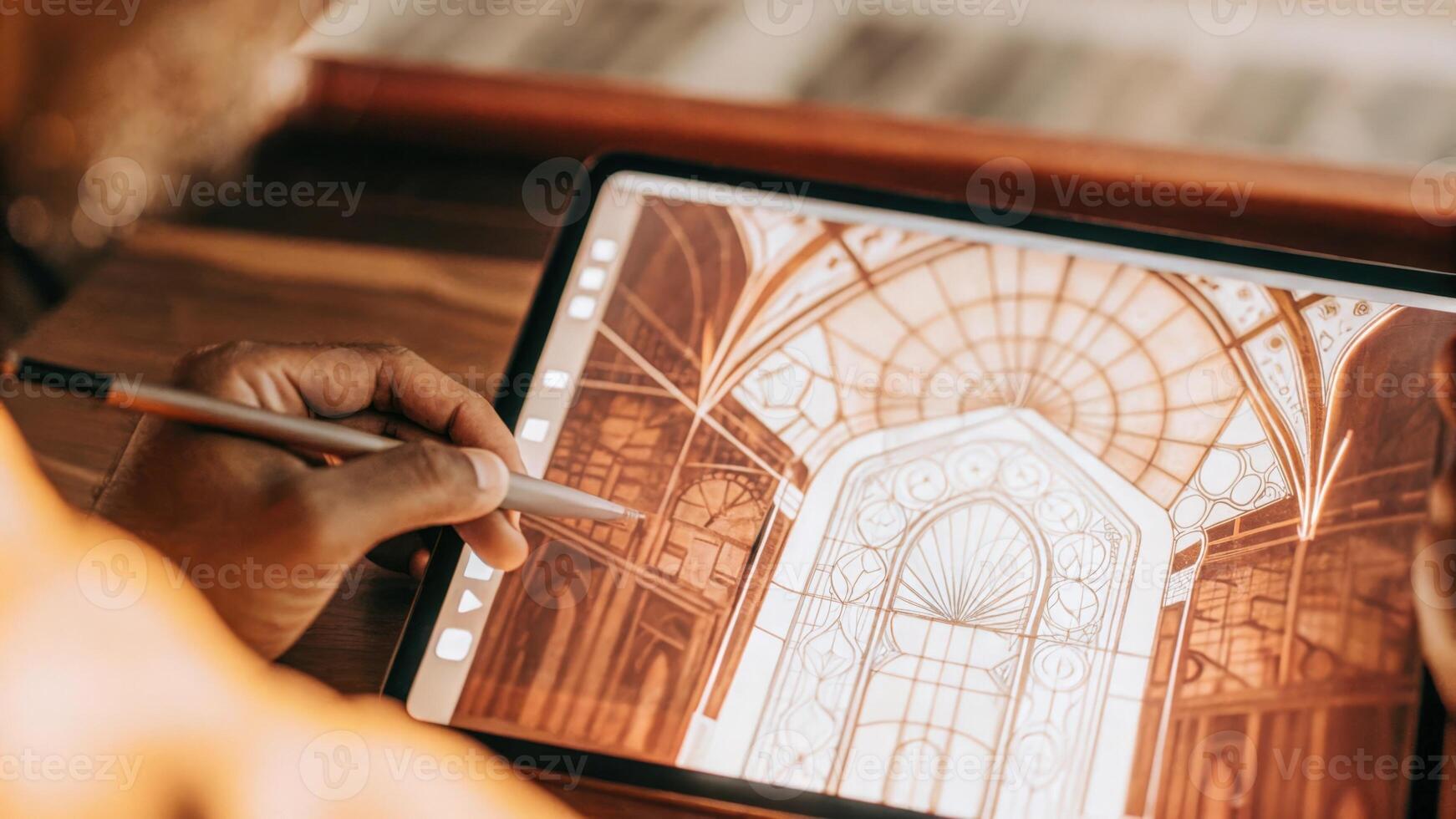 Closeup of a designer sketching on a digital tablet with holographic designs materializing beside them transforming traditional concepts into interactive 3D models.. photo