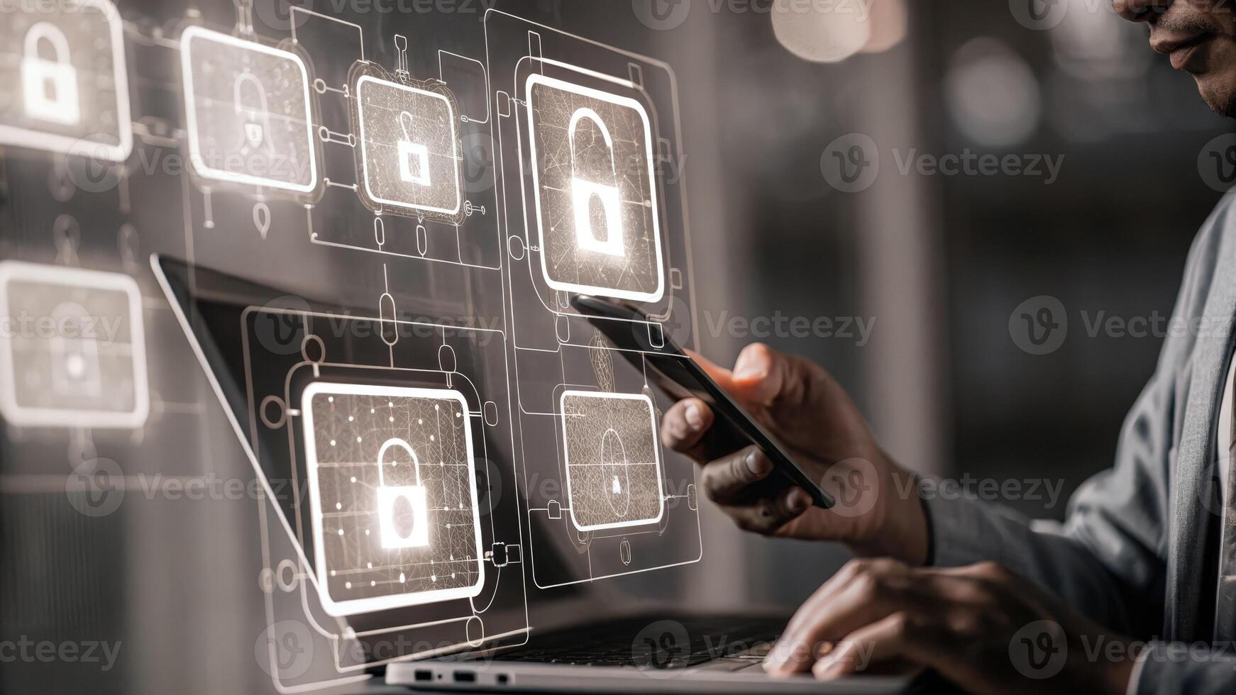 A user adjusting settings on a holographic interface surrounded by holograms that illustrate different aspects of data security and management.. photo