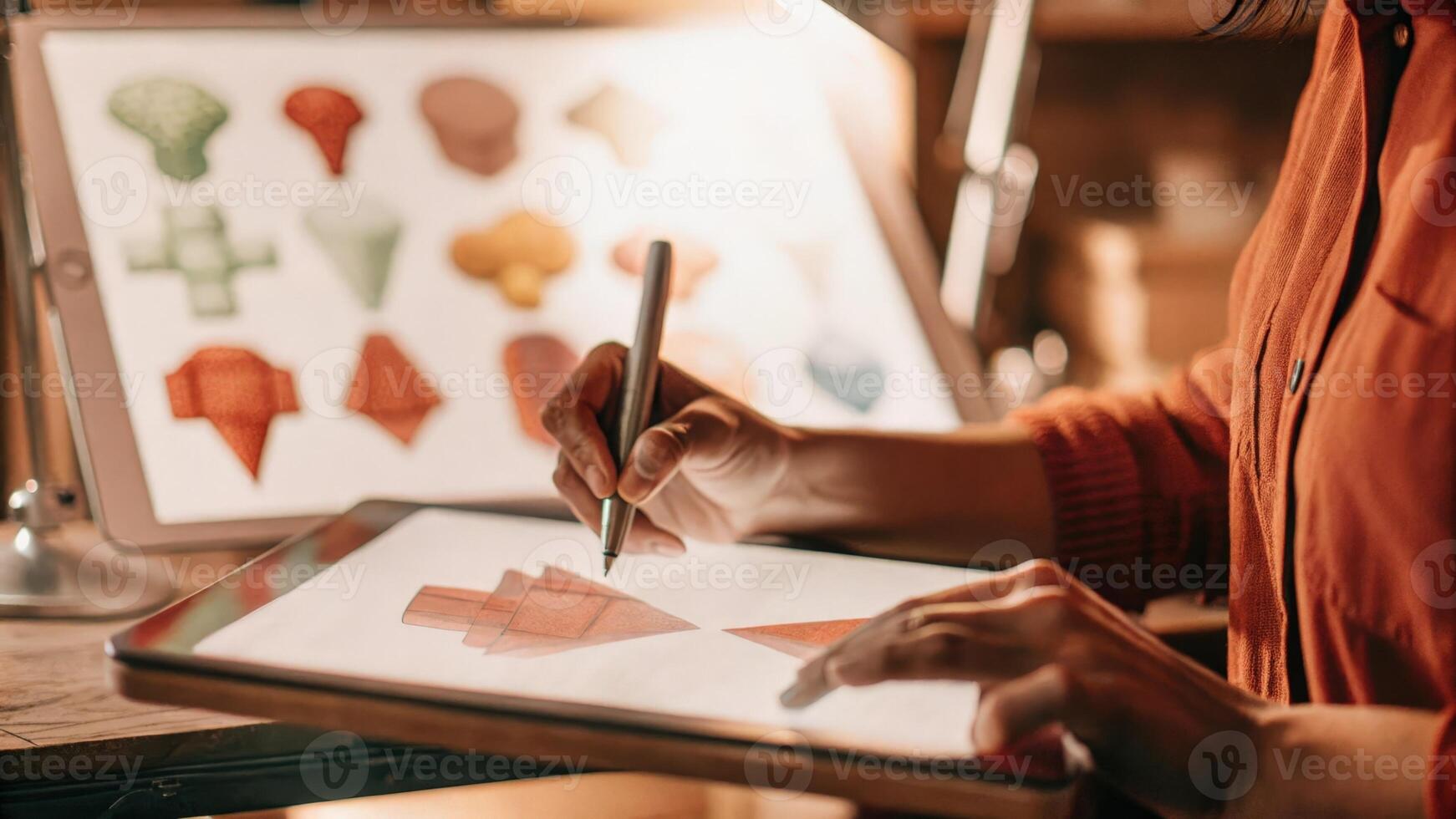 An artist using a holographic sketchpad with colorful 3D designs floating in the air around them their face lit with inspiration as they mold virtual shapes with their hands.. photo