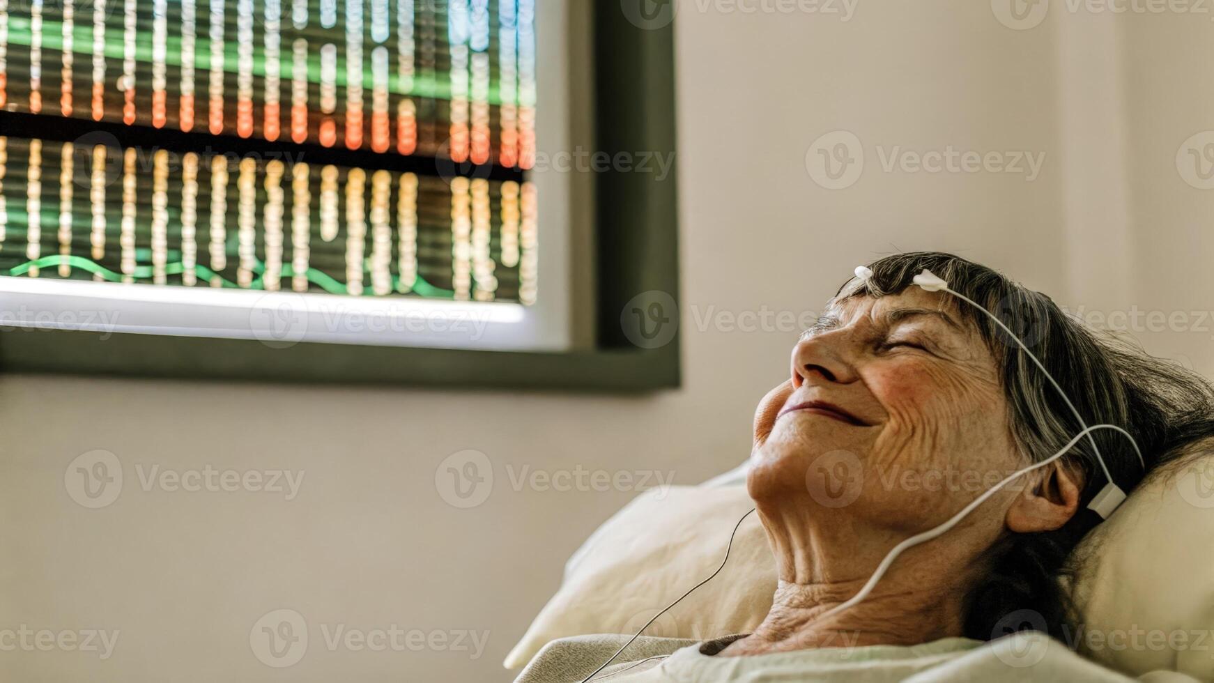 A senior smiling softly with electrodes visible on their scalp as a colorful LED light display pulses rhythmically indicating progress in relaxation techniques.. photo